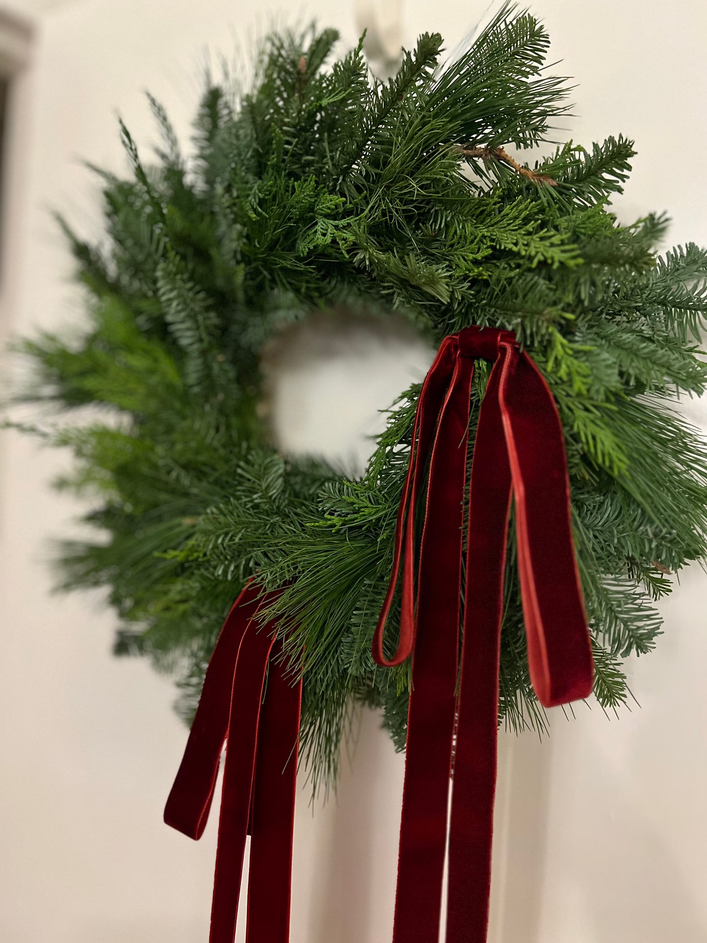 Fresh Modern Christmas Wreath with Velvet Burgundy Ribbons
