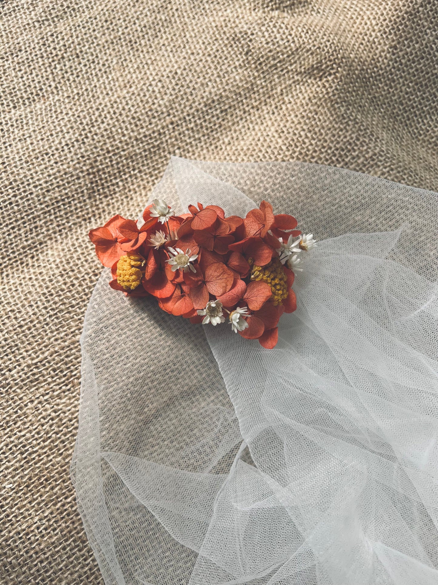 Whimsical floral hair clip, preserved hydrangea orange flower hair accessories, summer floral bridal hair comb, wedding hair slides coral