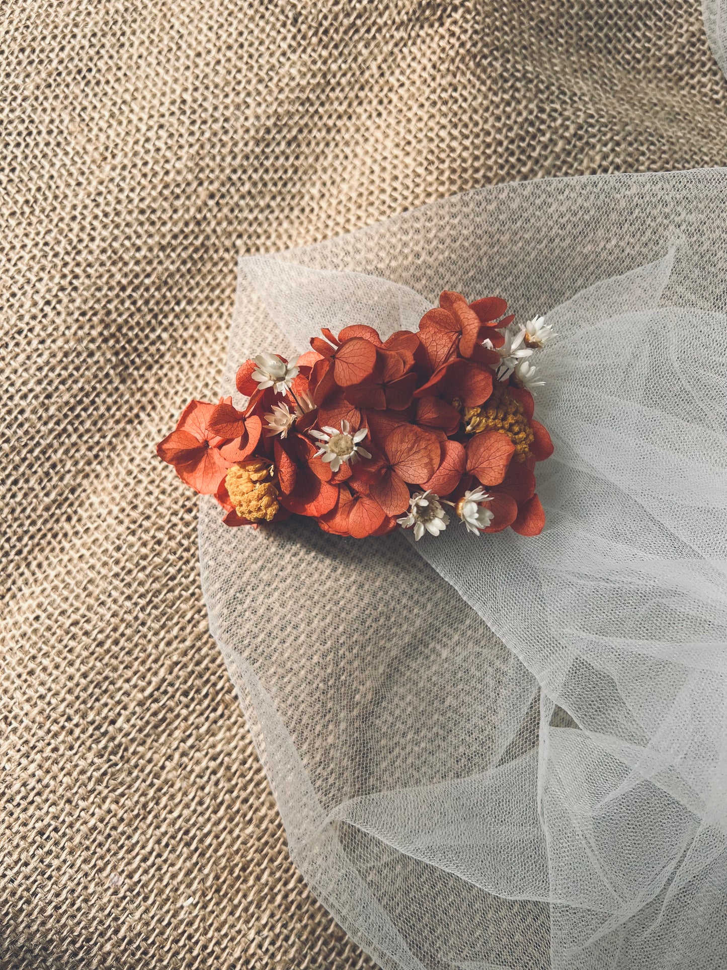 Whimsical floral hair clip, preserved hydrangea orange flower hair accessories, summer floral bridal hair comb, wedding hair slides coral