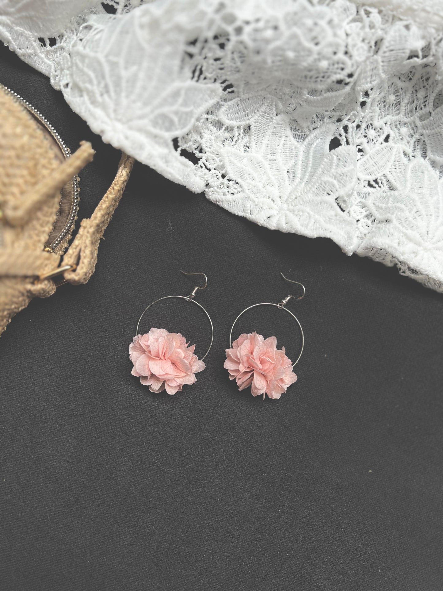 Blush Pink Floral Earrings, Dusky Pink Dried Flower Hoop Earrings, Halo Hydrangea Bridal Earrings