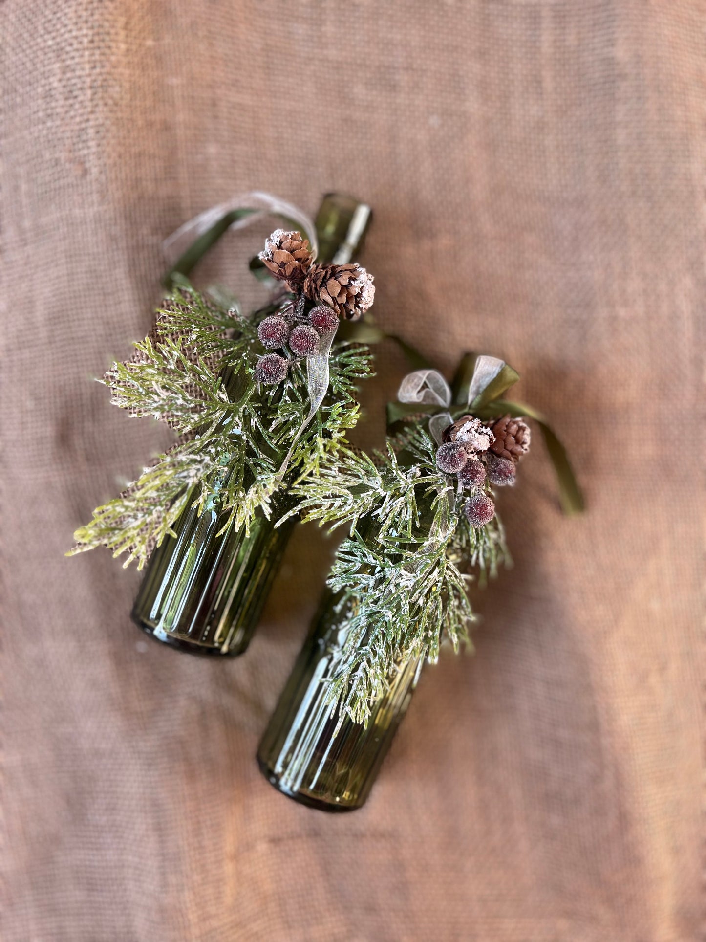 Christmas Decor, Festive Christmas Vase, Green Bottle Vase Winter Decoration