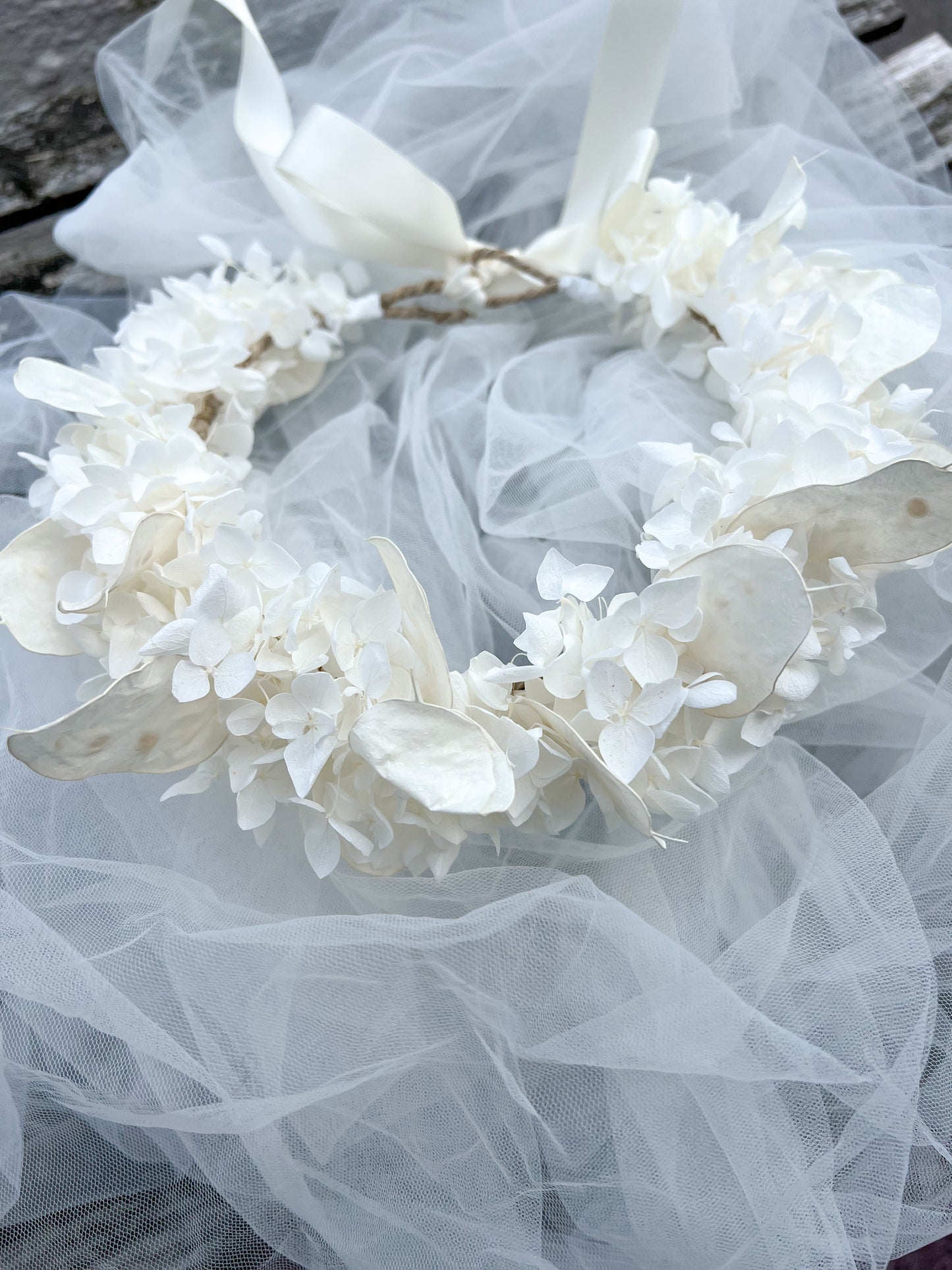 Ivory Floral Headband with Ivory Hydrangeas and Lunaria | Dried Honesty Flower Crown