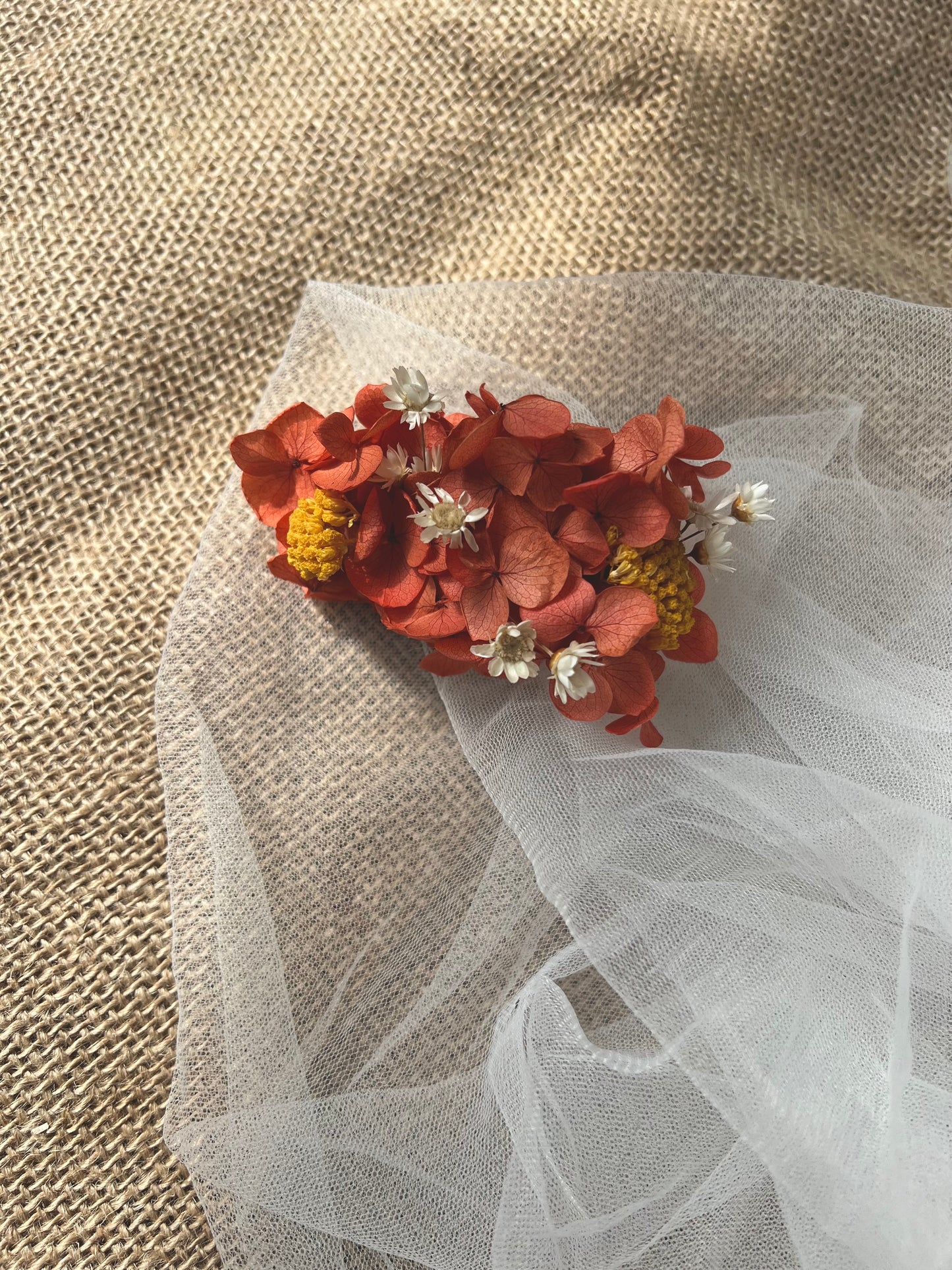 Whimsical floral hair clip, preserved hydrangea orange flower hair accessories, summer floral bridal hair comb, wedding hair slides coral