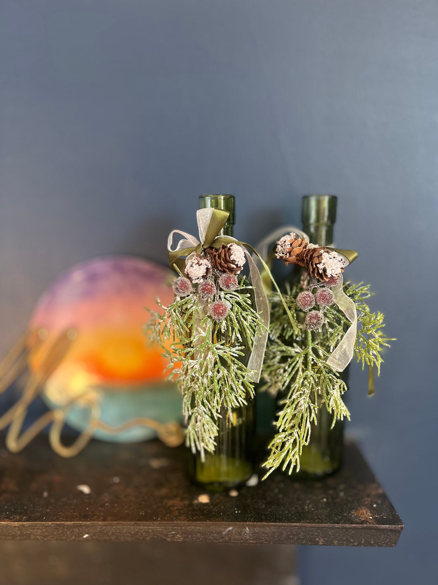 Christmas Decor, Festive Christmas Vase, Green Bottle Vase Winter Decoration