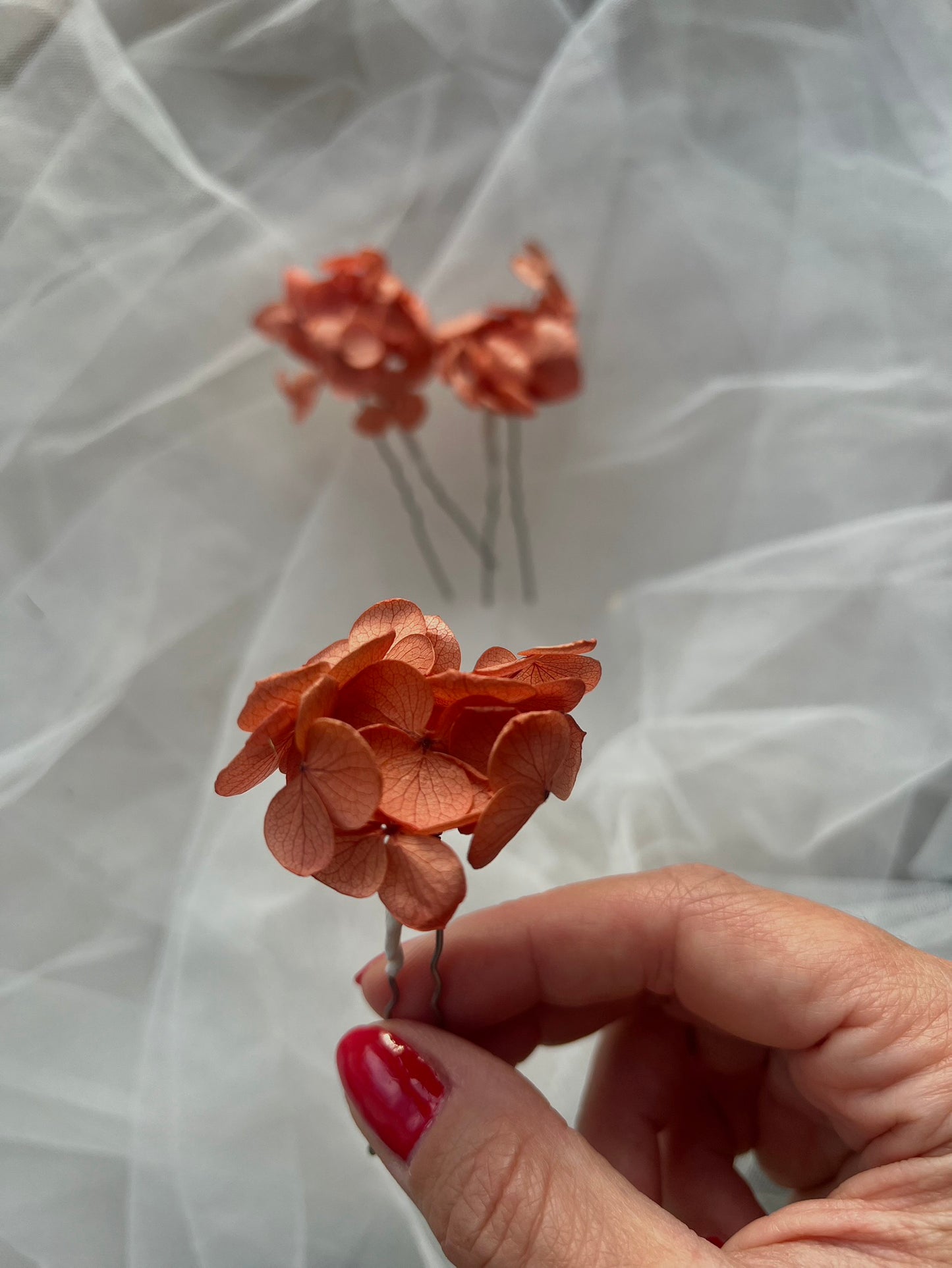 Coral Orange Preserved Hydrangea Hair Pins