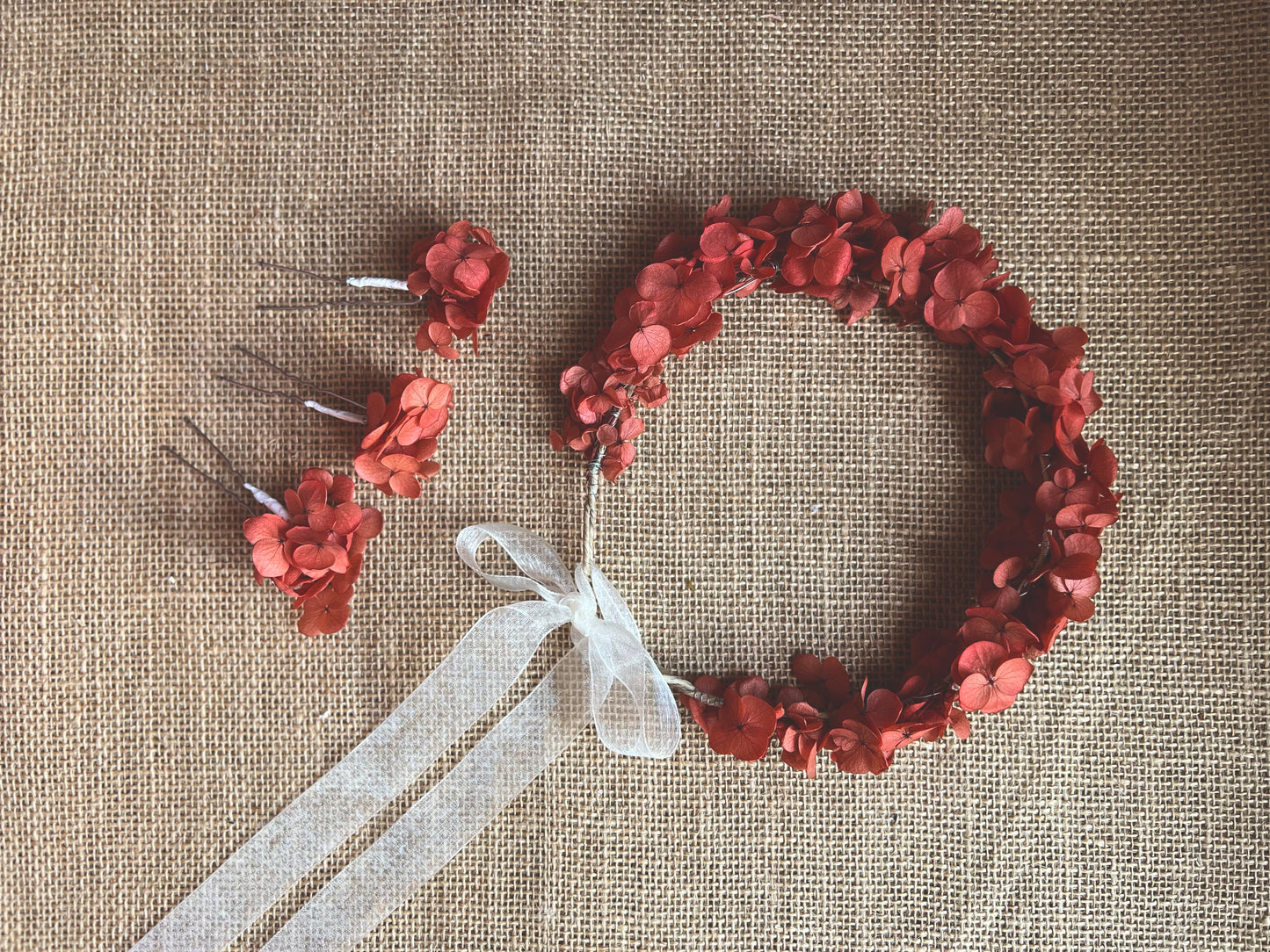 Autumnal Coral Red Orange Flower Crown, Wedding Hair Wreath Flower Girl Headpiece, Coral Red Everlasting Floral Hair Piece, Hydrangea Tiara