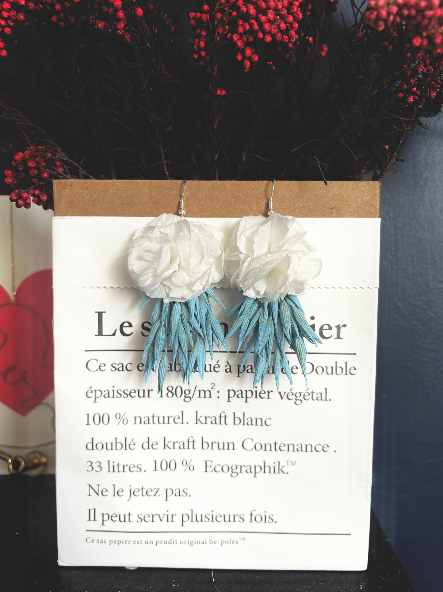 Blue and White Floral Earrings, Dried Flower Bridal Earrings, Summer Wedding, White Hydrangea Flower Earrings, Handmade Beach Jewellery