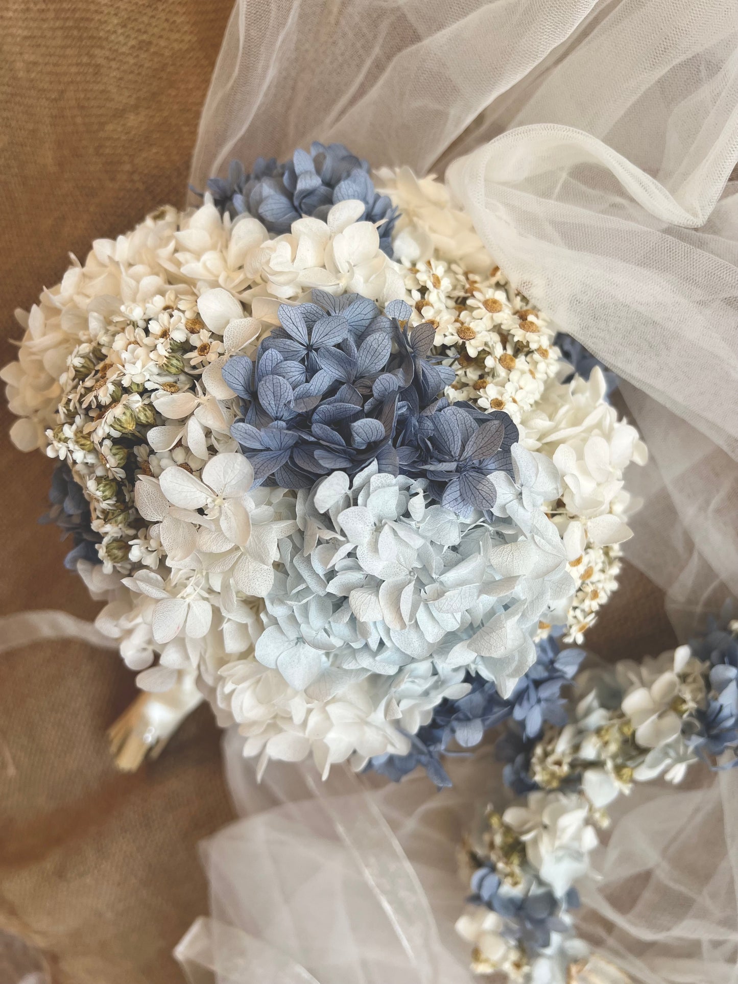 Dusky Blue Hydrangea and Dried Daisy Headband, Dusty Blue Wedding Flowers, Light Blue and Daisy Headpiece, Hydrangea Wedding Bouquet Boho