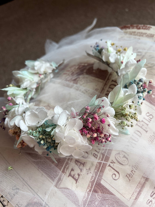 Pastel Flower Crown, Colourful Floral Headband, Pastel Dried Flower Headpiece, Hydrangea and Gypsophila Headband for Wedding