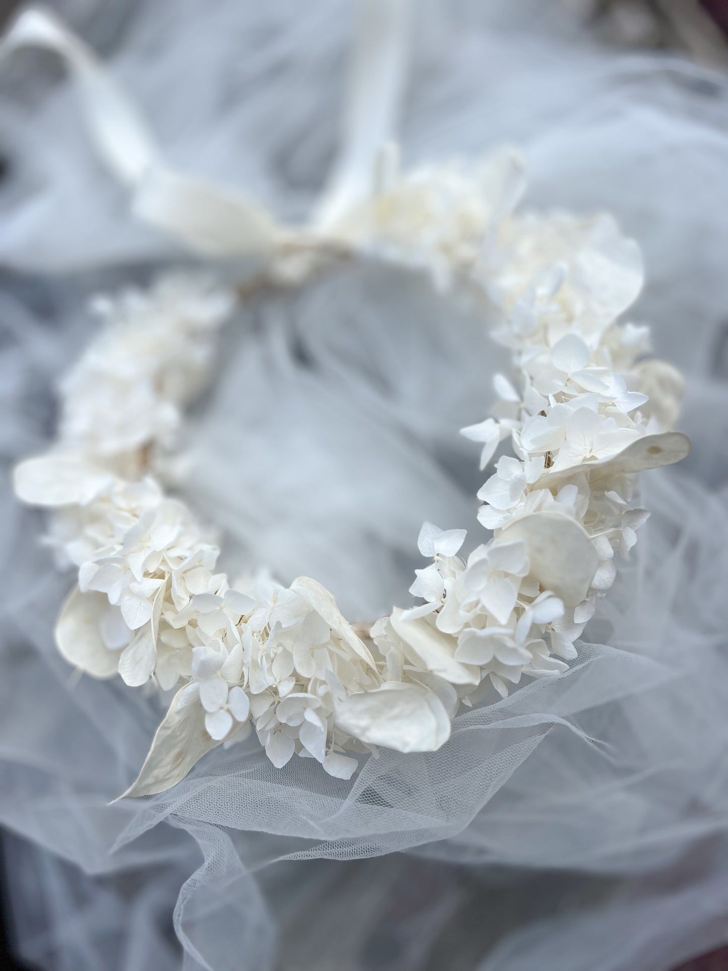 Ivory Floral Headband with Ivory Hydrangeas and Lunaria | Dried Honesty Flower Crown