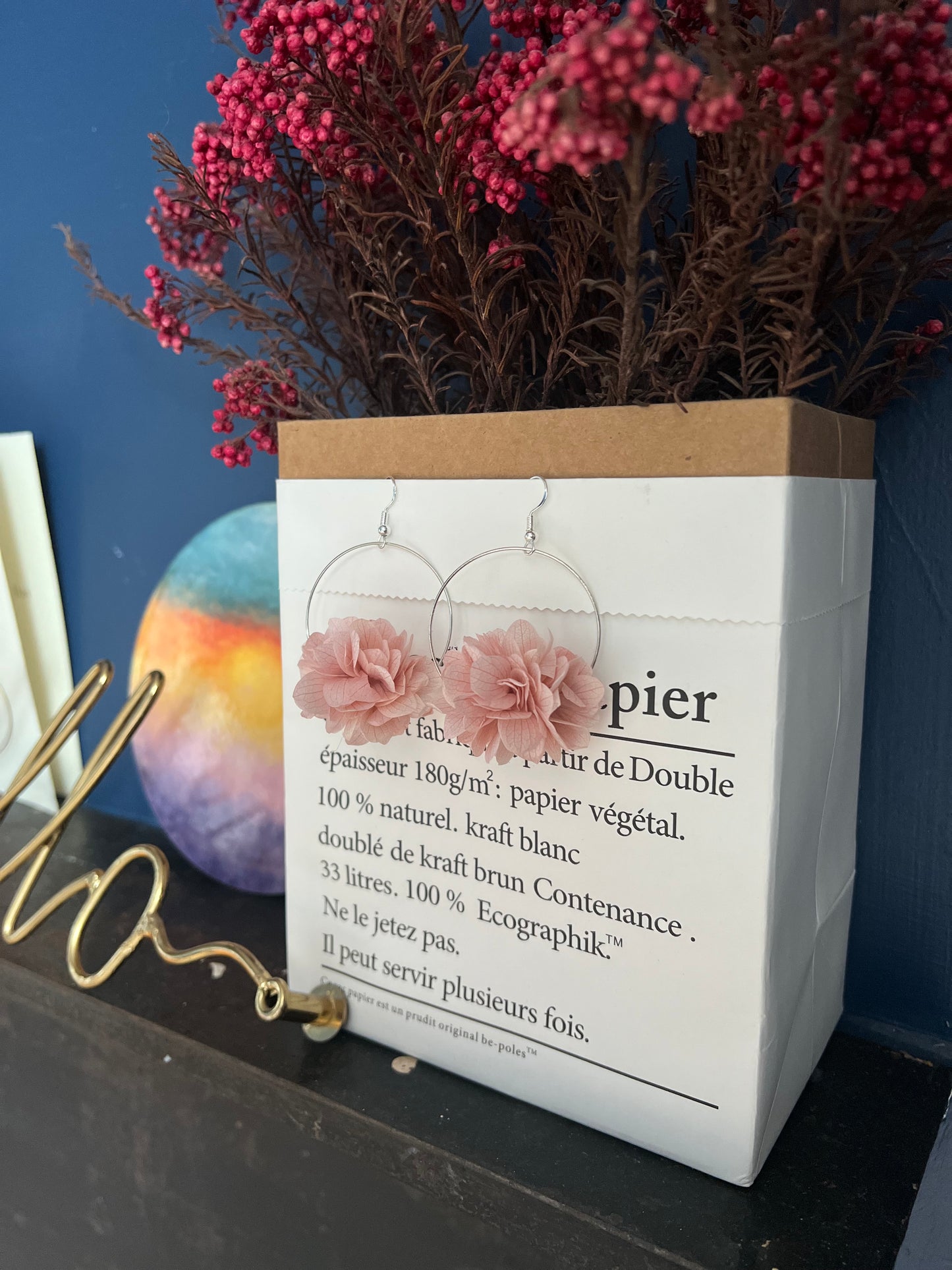 Blush Pink Floral Earrings, Dusky Pink Dried Flower Hoop Earrings, Halo Hydrangea Bridal Earrings