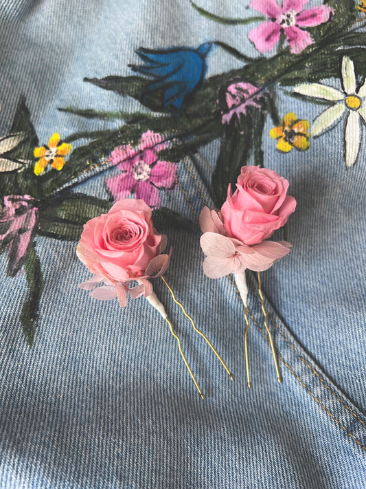 Bright Pink Floral Hair Pins, Mini Rose Hair Pin for Hair Bun, Dried Floral Hair Accessories, Pink Hydrangea Headpiece, Wedding Flower Hair Accessories