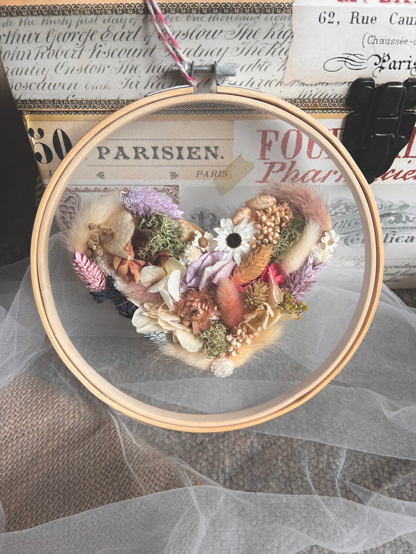 Dried Flower Wall Art Pink, Personalized Embroidery Botanical Art Hoop, Boho House Decor, Flowers on Tulle Heart, Mothers Day, Birthday Gift