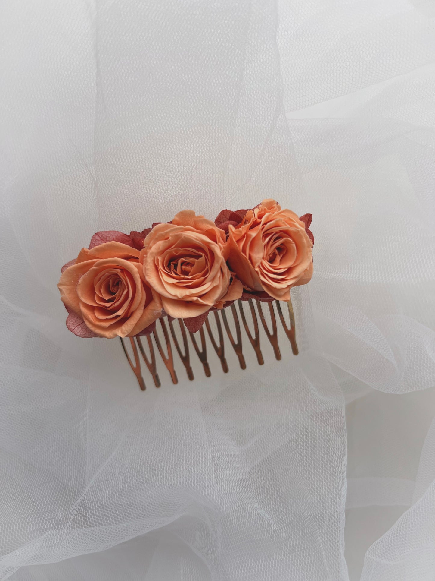 Orange Rose Hair Comb with Mini Preserved Roses