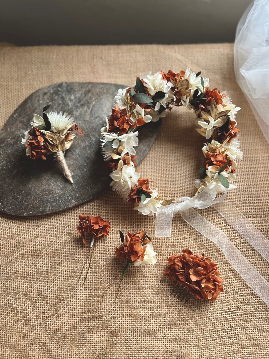 Autumnal Boho Dried Flower Crown Burnt Orange Terracotta Gold Ivory Bridal Floral Headband, Rustic Floral Hair Accessories Set Floral Comb