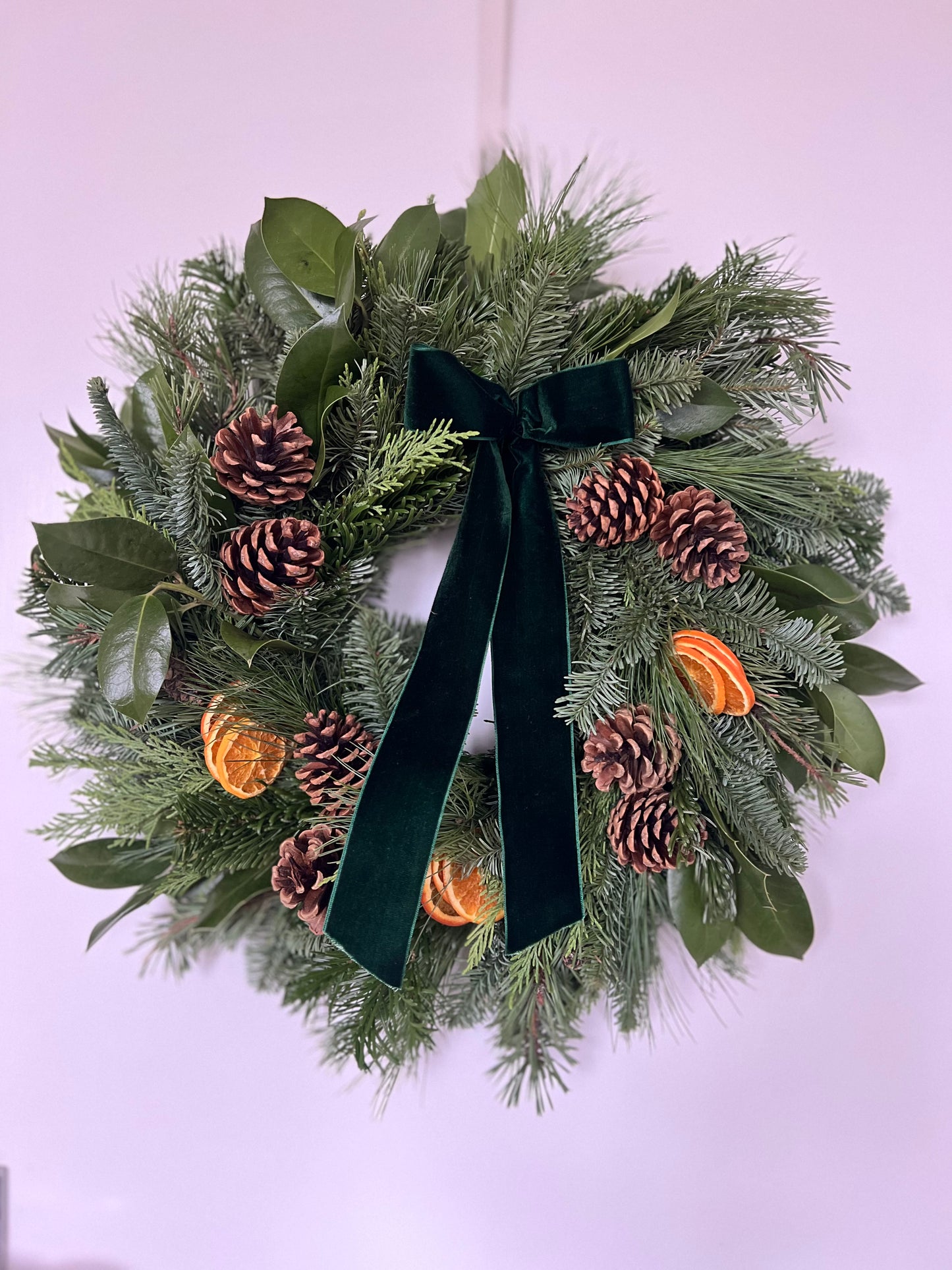 Large Fresh Christmas Wreath Natural with Pinecones and Oranges and Velvet Ribbon 20”
