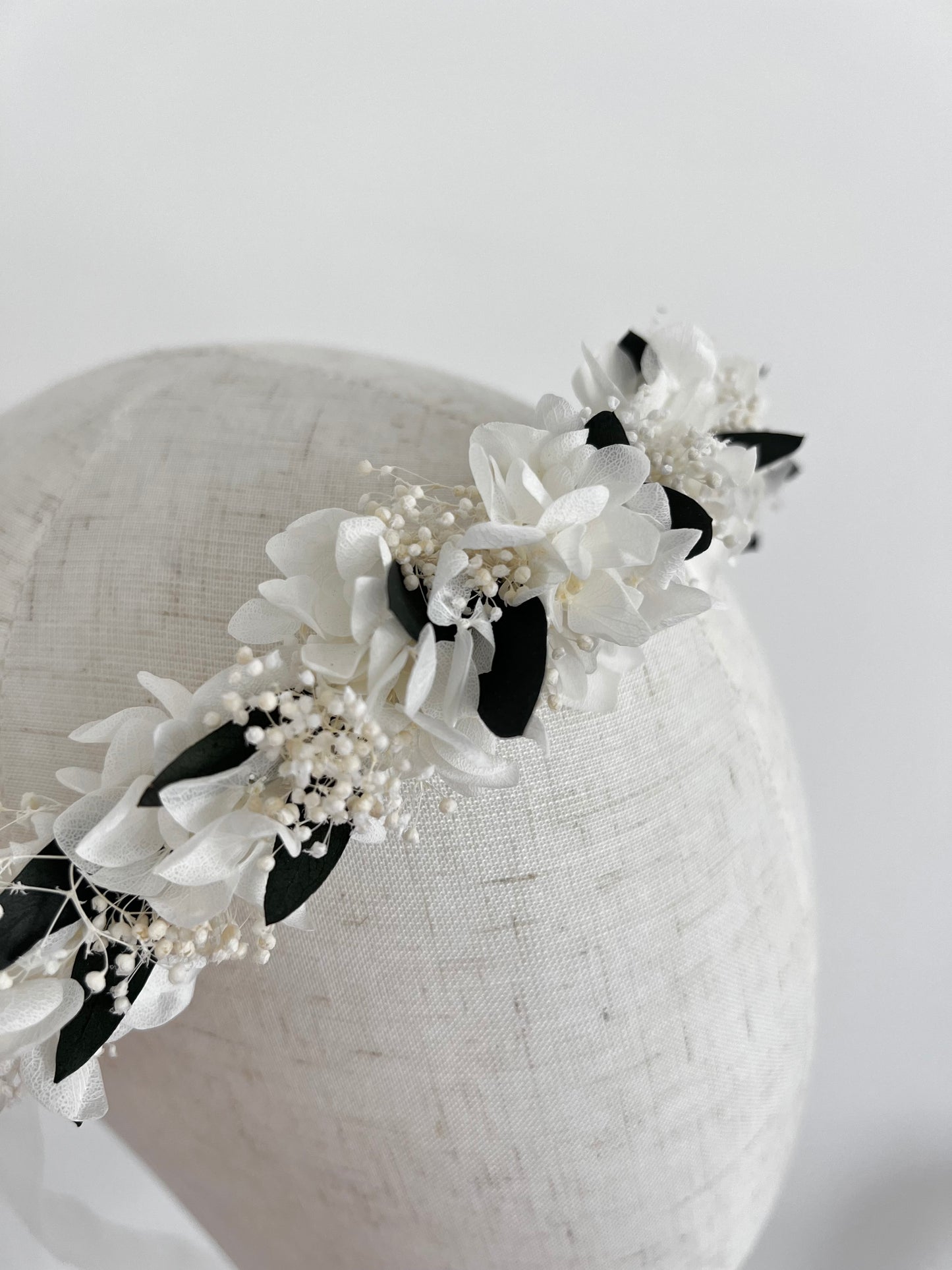 White Flower Crown with Preserved Hydrangeas, Babys Breath and Eucalyptus Leaves