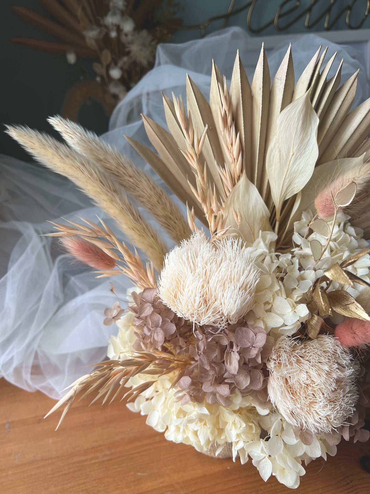 Boho Style Dried Flower Arrangement, Boho House Floral Decoration Ivory and Earthy Tones with Hessian Pot