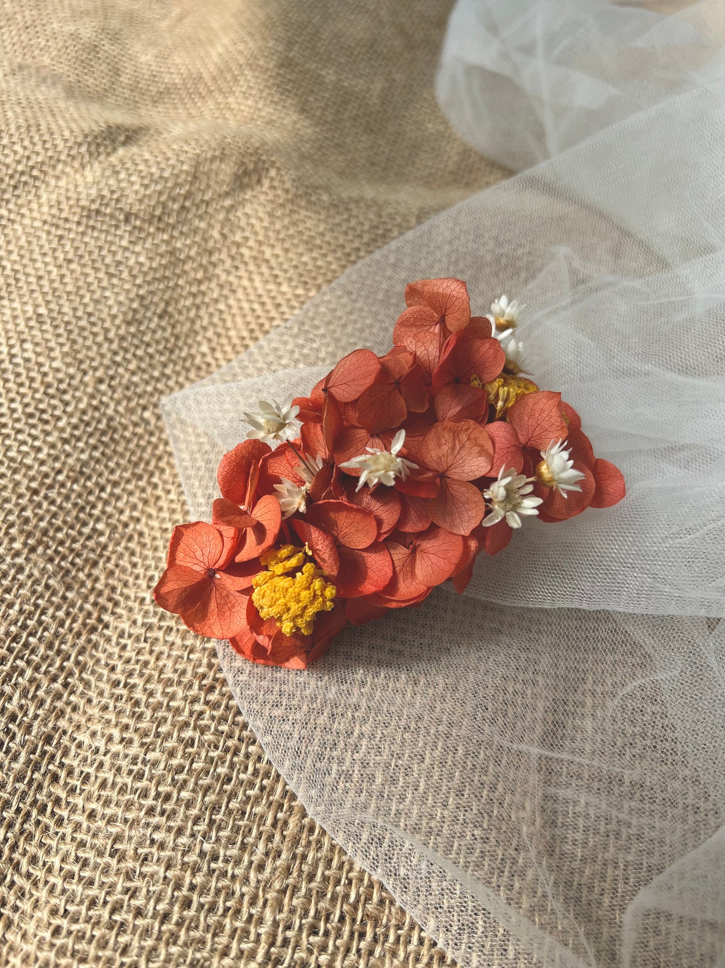 Whimsical floral hair clip, preserved hydrangea orange flower hair accessories, summer floral bridal hair comb, wedding hair slides coral