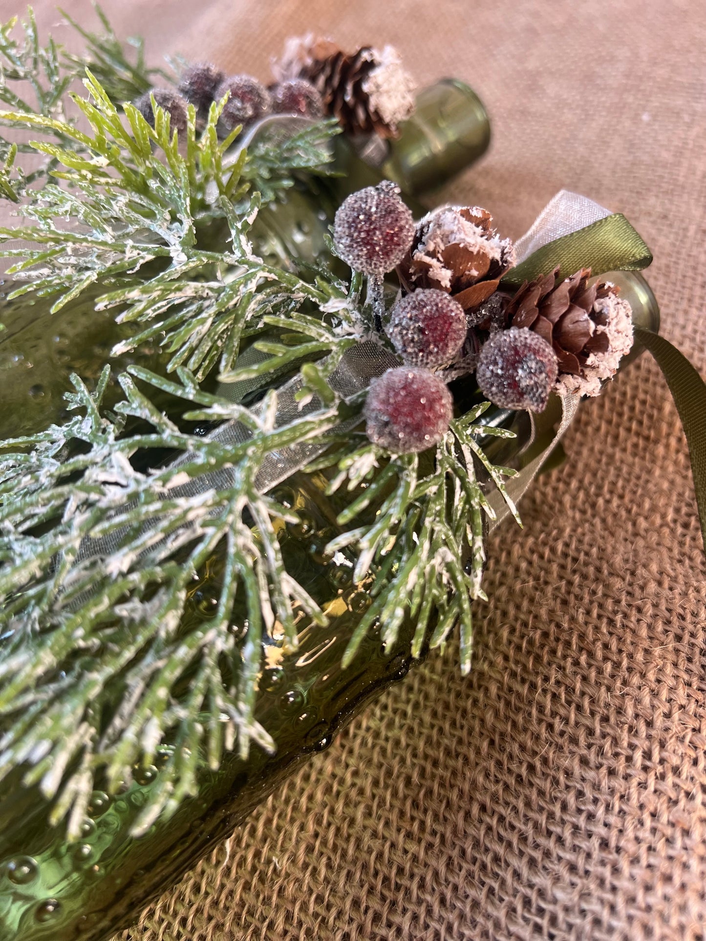 Christmas Decor, Festive Christmas Vase, Green Bottle Vase Winter Decoration
