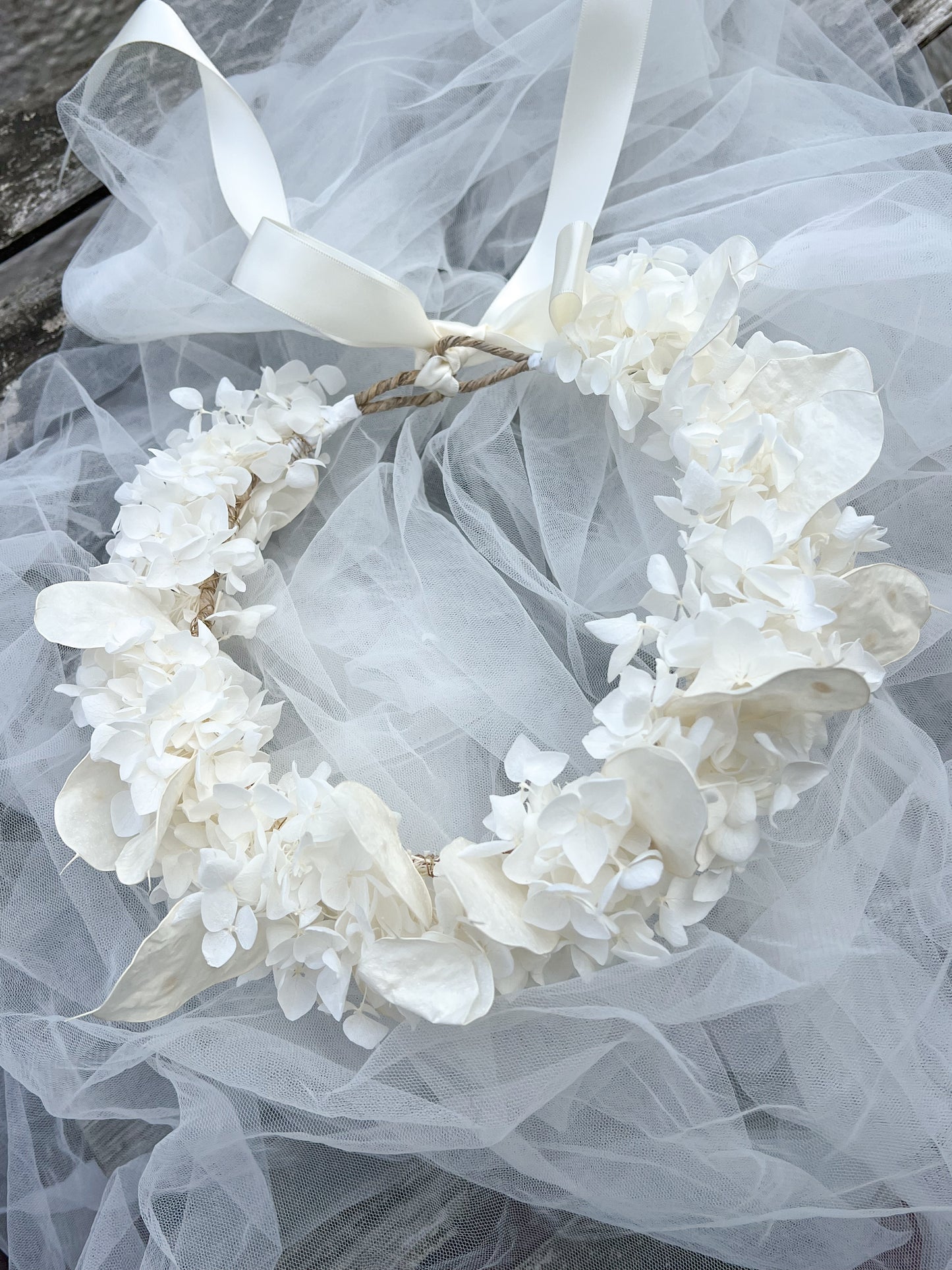 Ivory Floral Headband with Ivory Hydrangeas and Lunaria | Dried Honesty Flower Crown