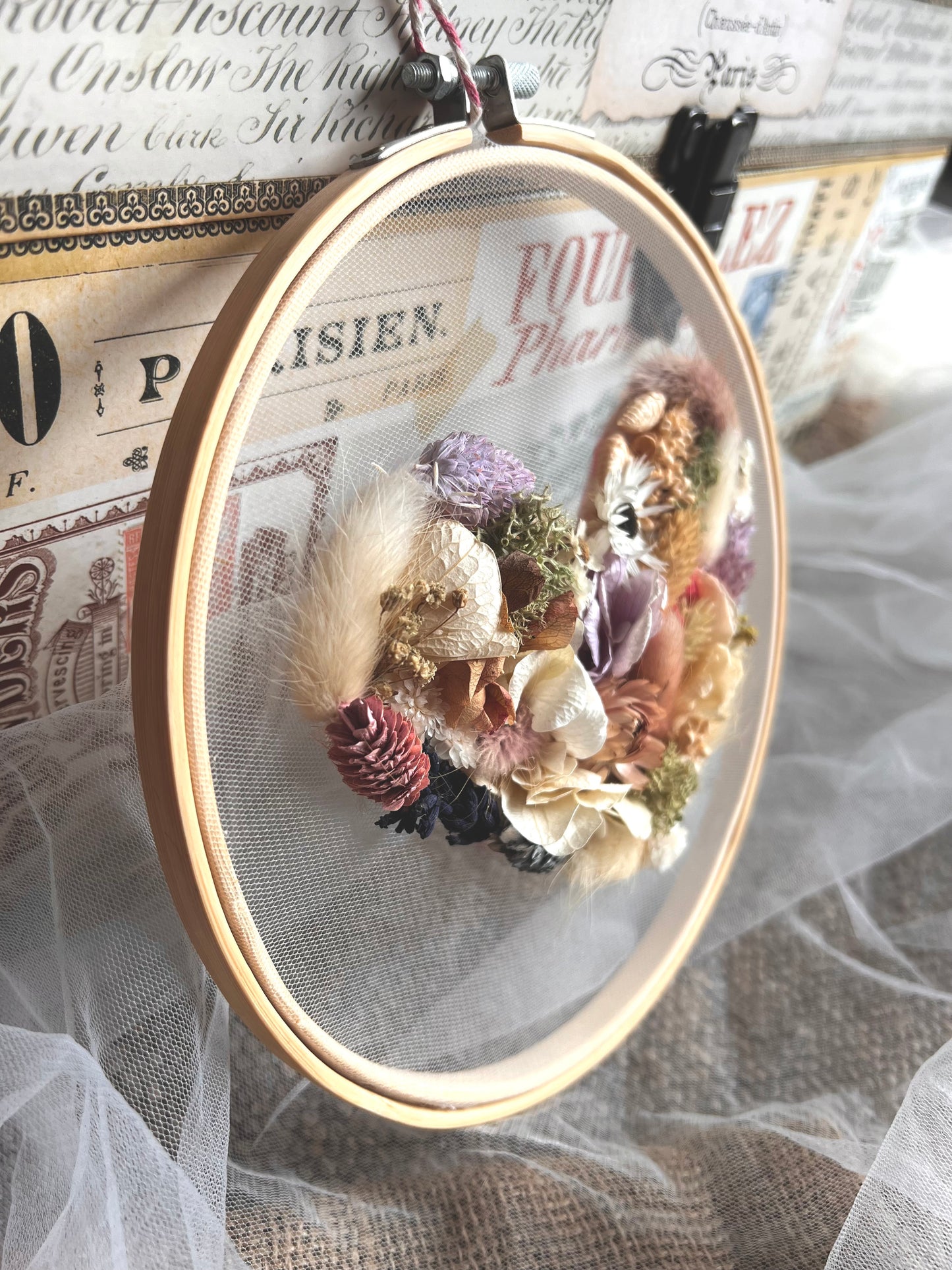 Dried Flower Wall Art Pink, Personalized Embroidery Botanical Art Hoop, Boho House Decor, Flowers on Tulle Heart, Mothers Day, Birthday Gift