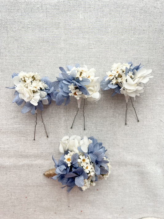 Dusty Blue Dried Daisy Hair Pins and Grooms Buttonhole Wedding set