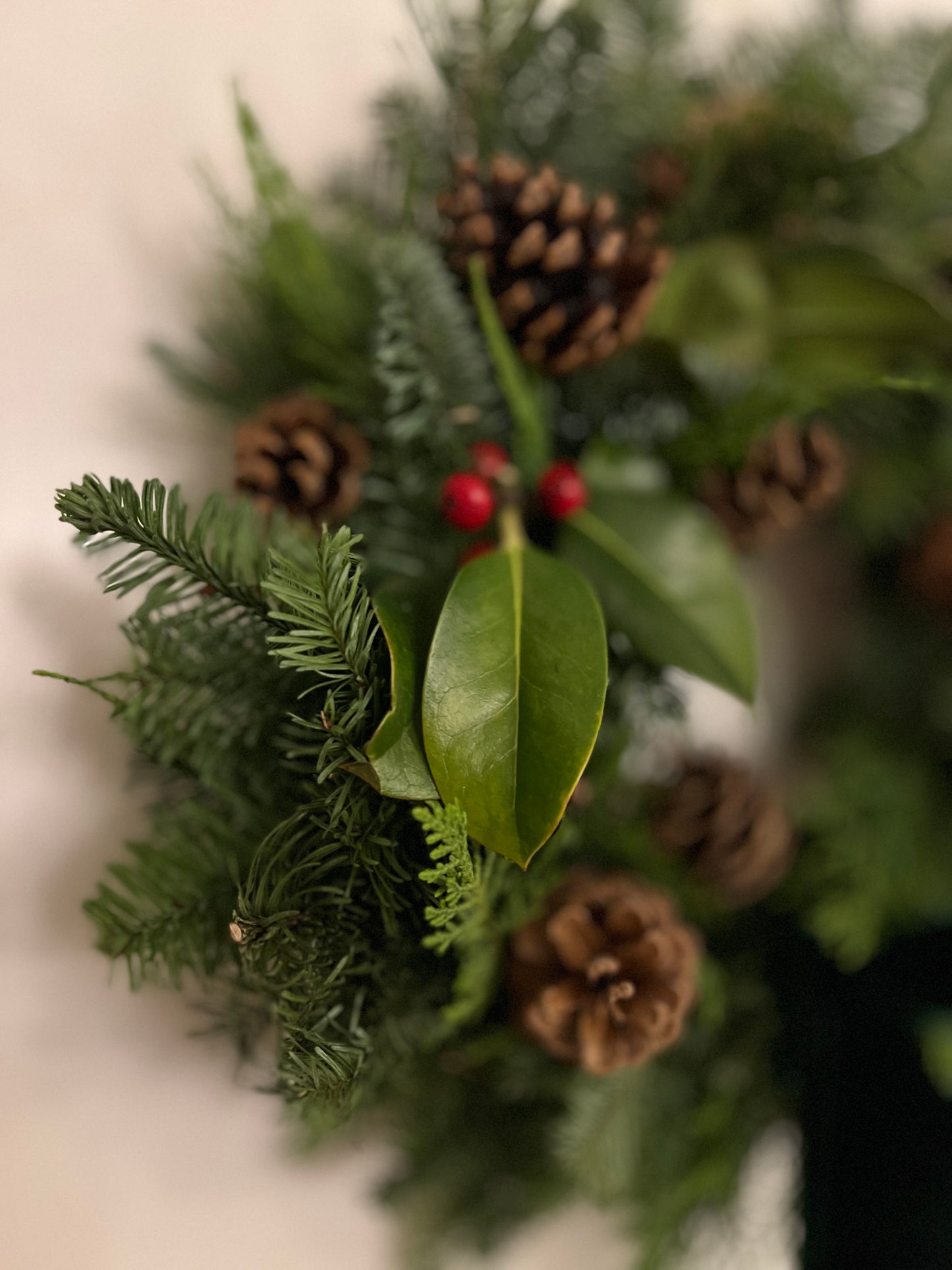 Fresh Christmas Wreath with Holly Red Berries and Pinecones, Green Velvet Ribbon, 45cm