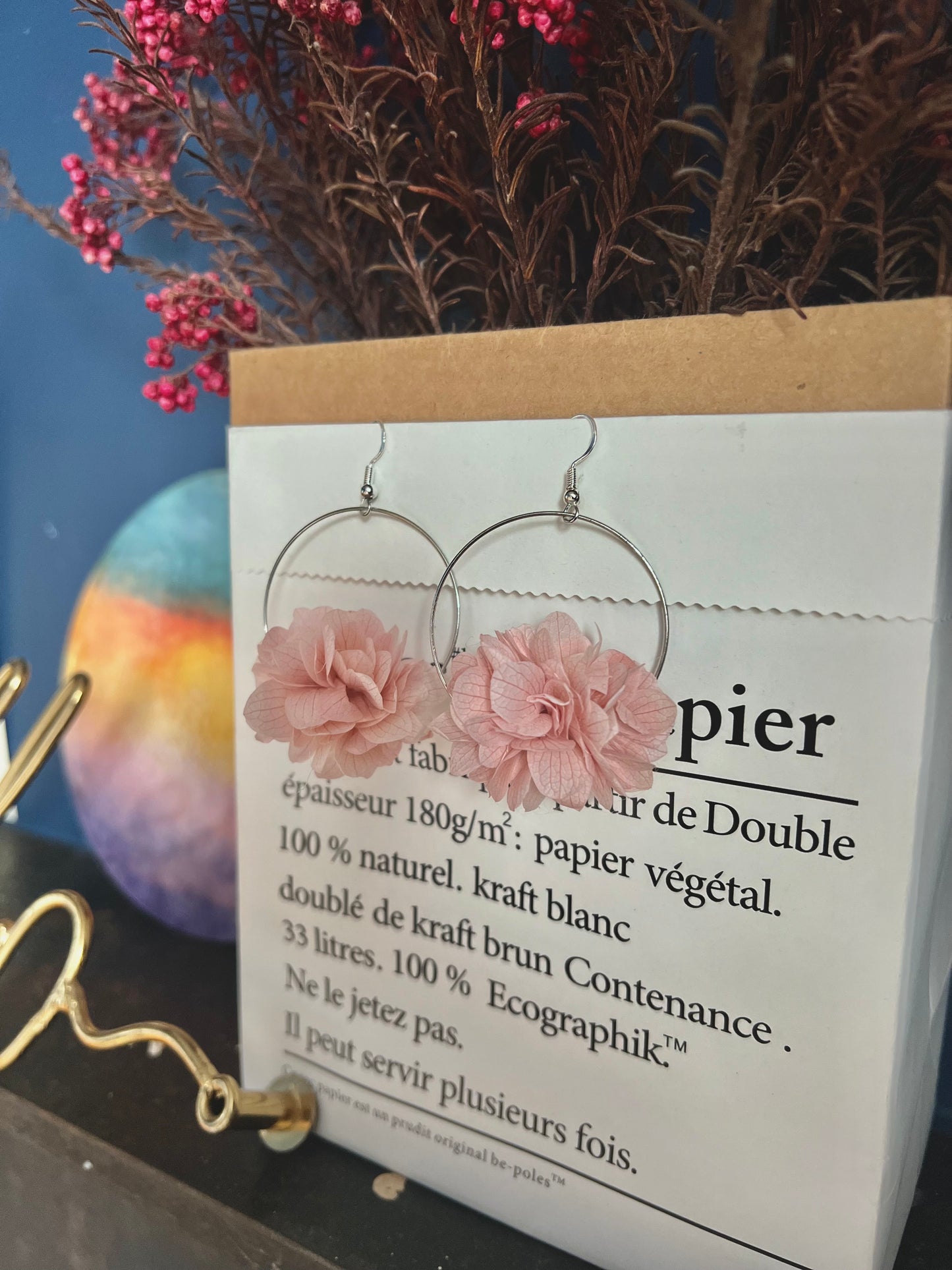 Blush Pink Floral Earrings, Dusky Pink Dried Flower Hoop Earrings, Halo Hydrangea Bridal Earrings