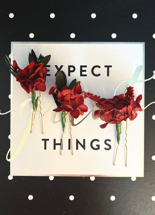 Red Floral Hair Pins, Red and Green Wedding Hair Accessories, Dried Red Hydrangea Bridal Hair Pin Set, Dried Flower Headpiece in Red