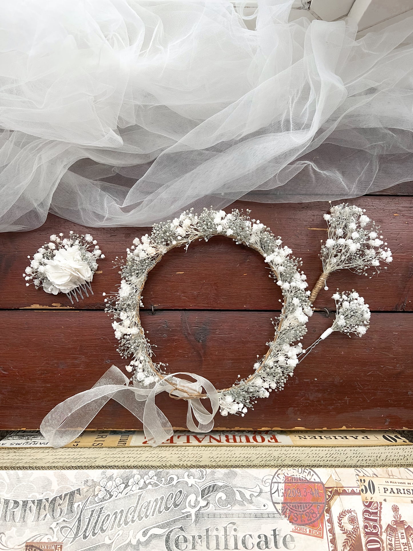 Preserved Gypsophila Headband White and Pale Blue Tiny Flower Crown and Wedding Flowers Set with Boutonniere, Babys Breath Hair Pins