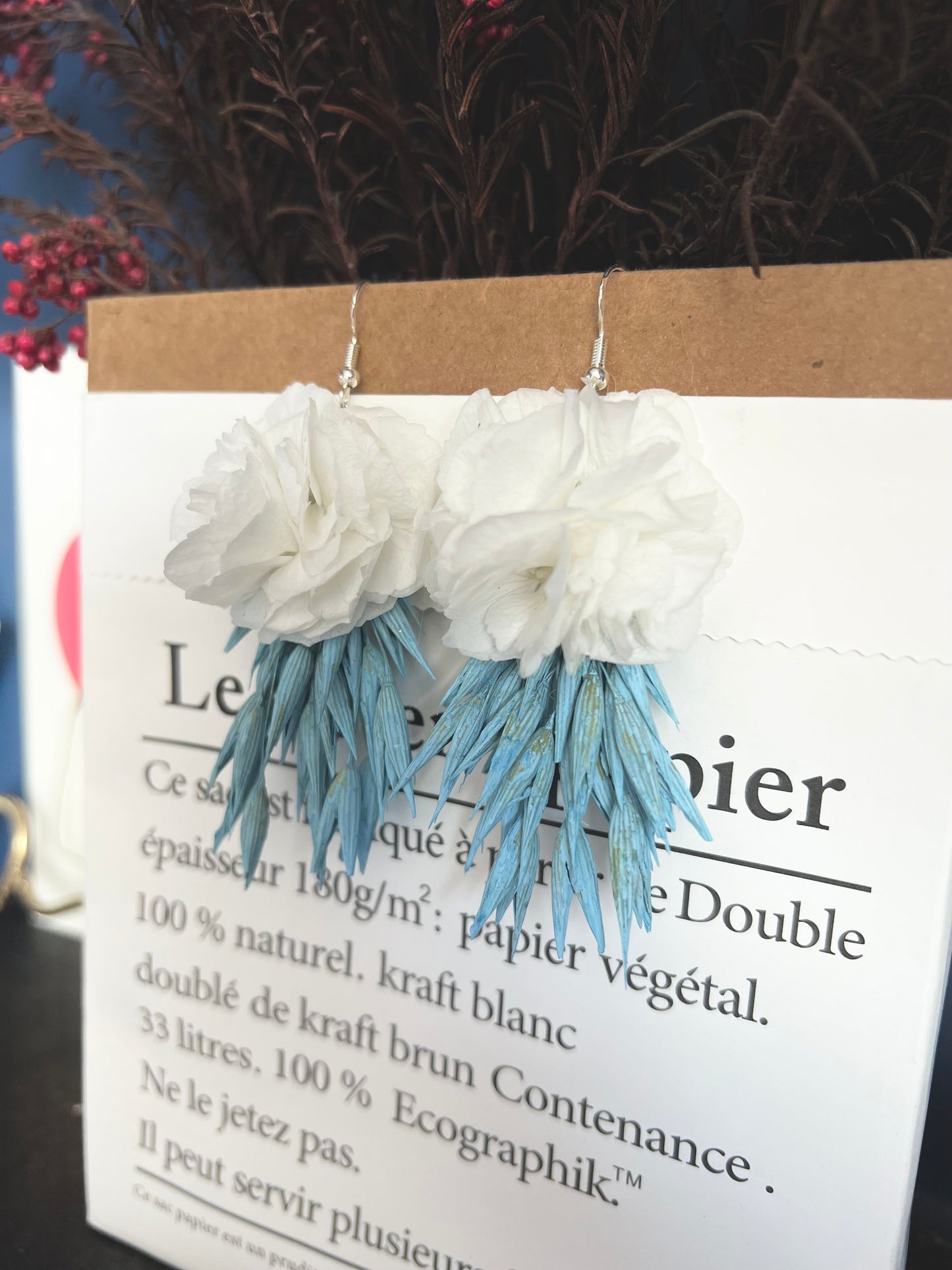 Blue and White Floral Earrings, Dried Flower Bridal Earrings, Summer Wedding, White Hydrangea Flower Earrings, Handmade Beach Jewellery