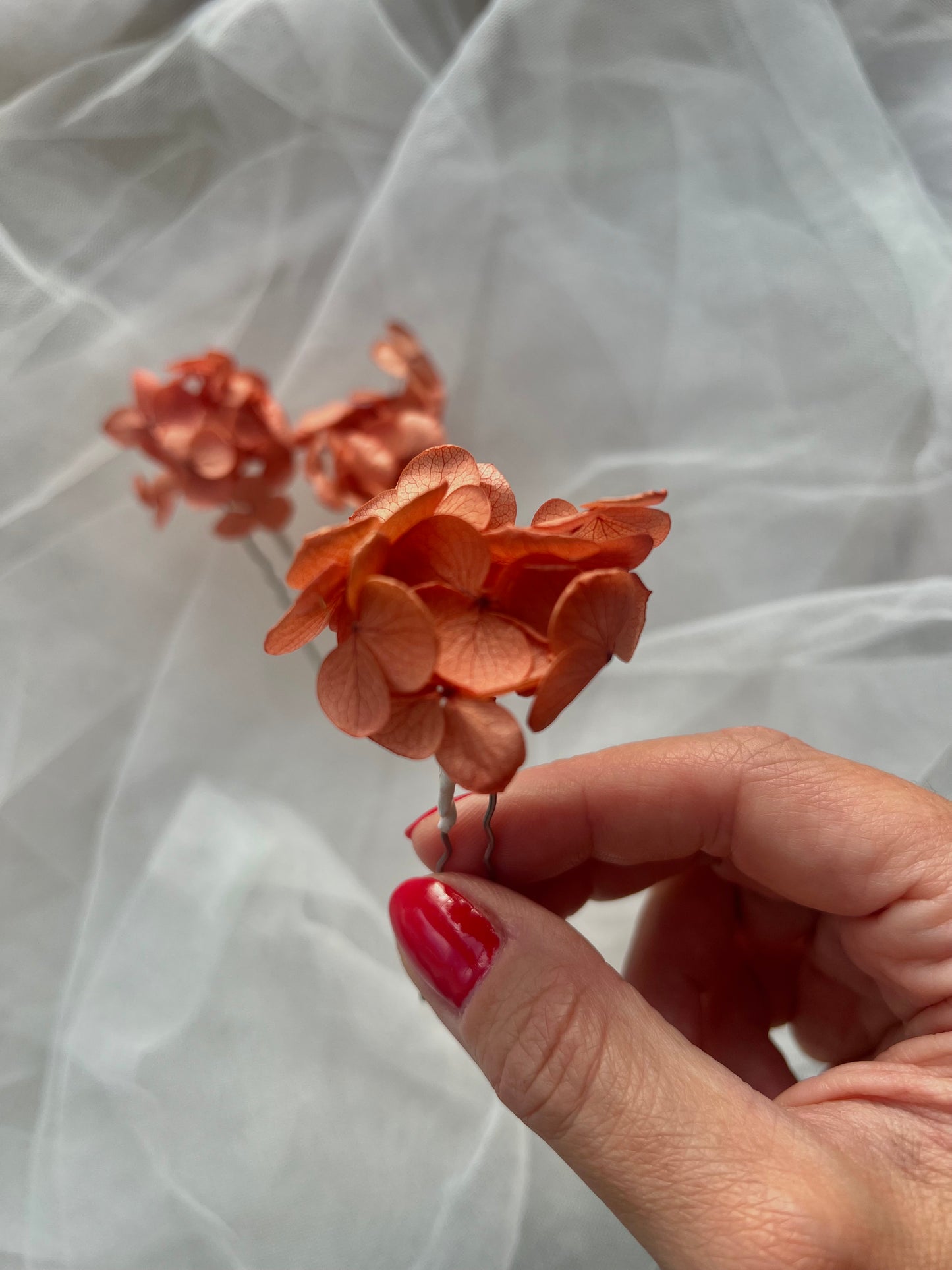Coral Orange Preserved Hydrangea Hair Pins