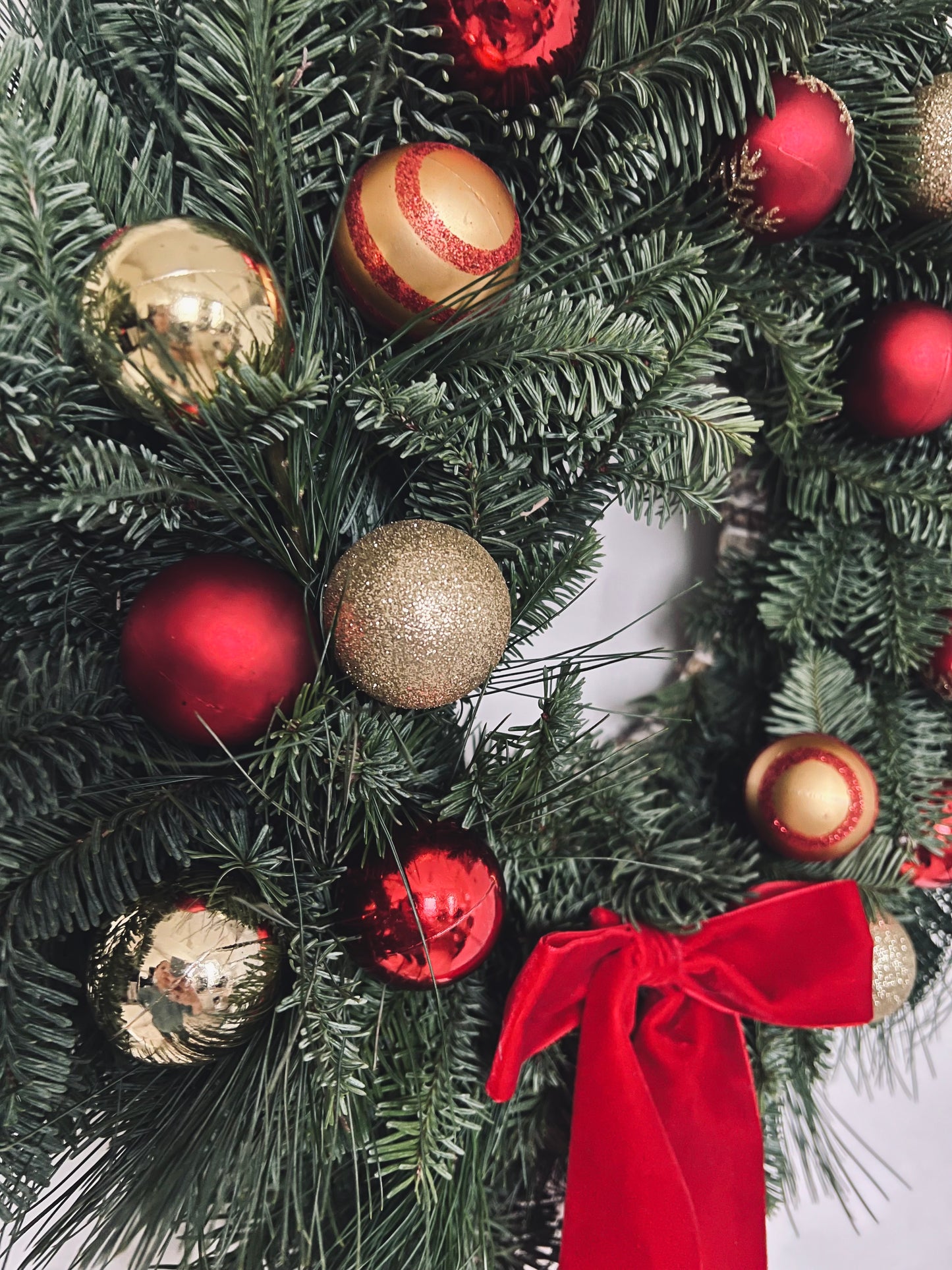 Christmas Wreath Red and Gold with Baubles and Red Velvet Ribbon