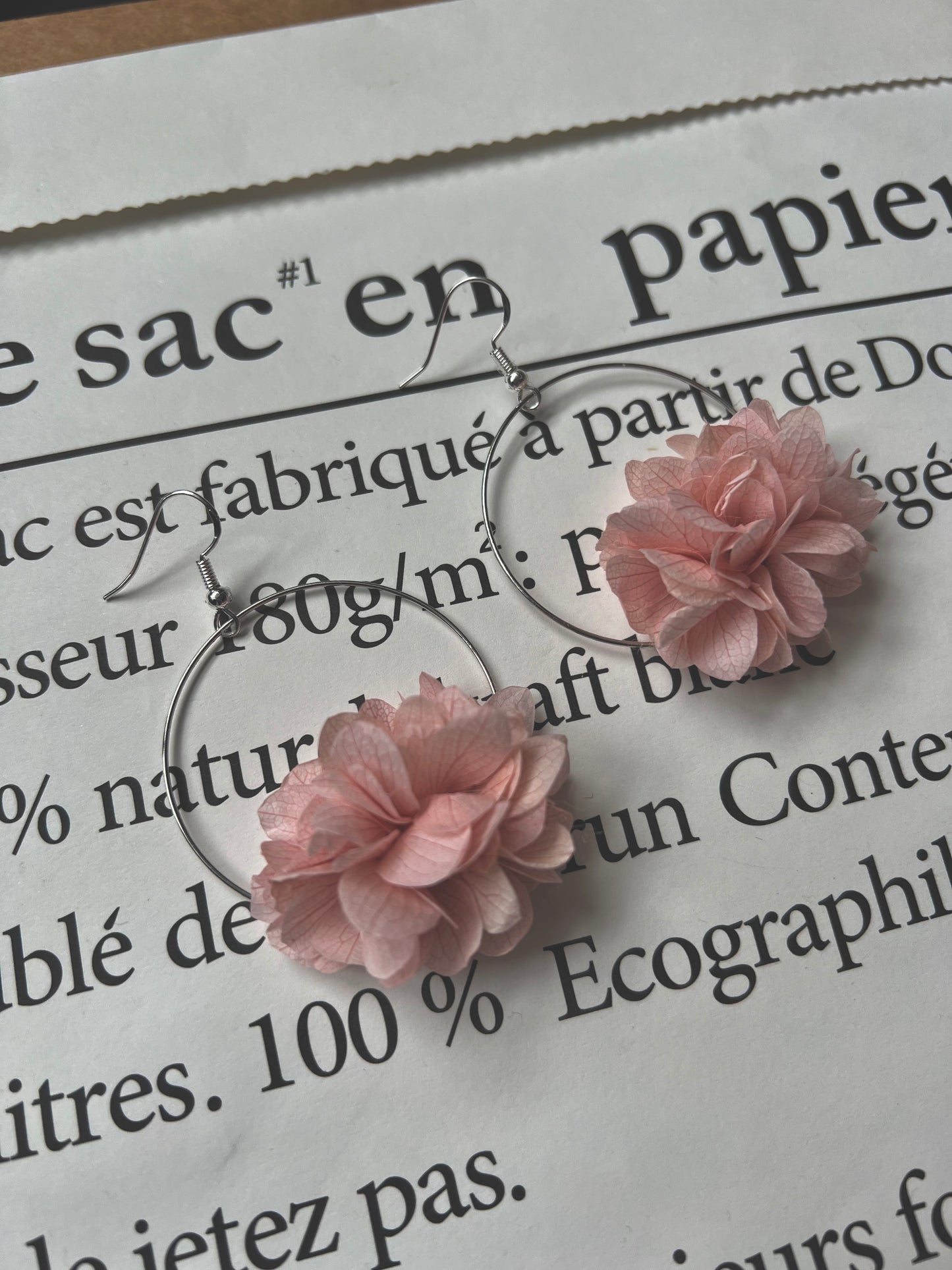 Blush Pink Floral Earrings, Dusky Pink Dried Flower Hoop Earrings, Halo Hydrangea Bridal Earrings