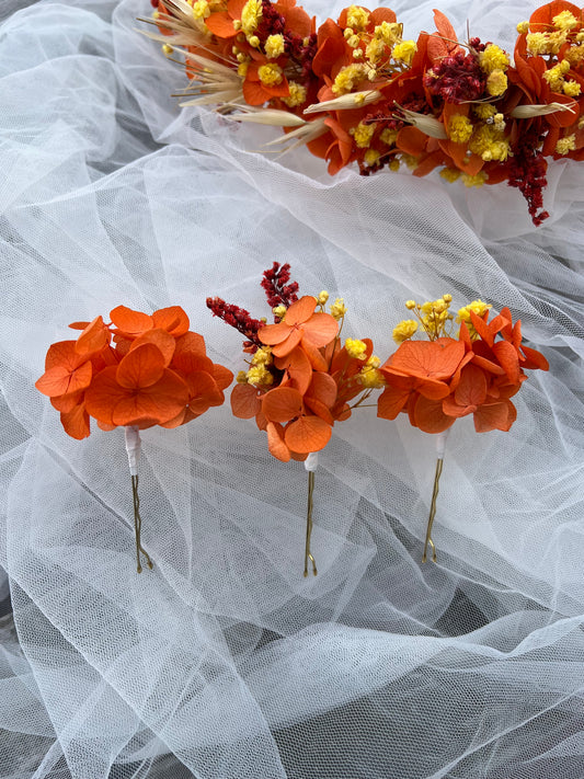 Bright Orange Floral Hair Pins, Autumnal Dried Flower Har Pins for Wedding, Bridal Hair Accessories for Fall Wedding