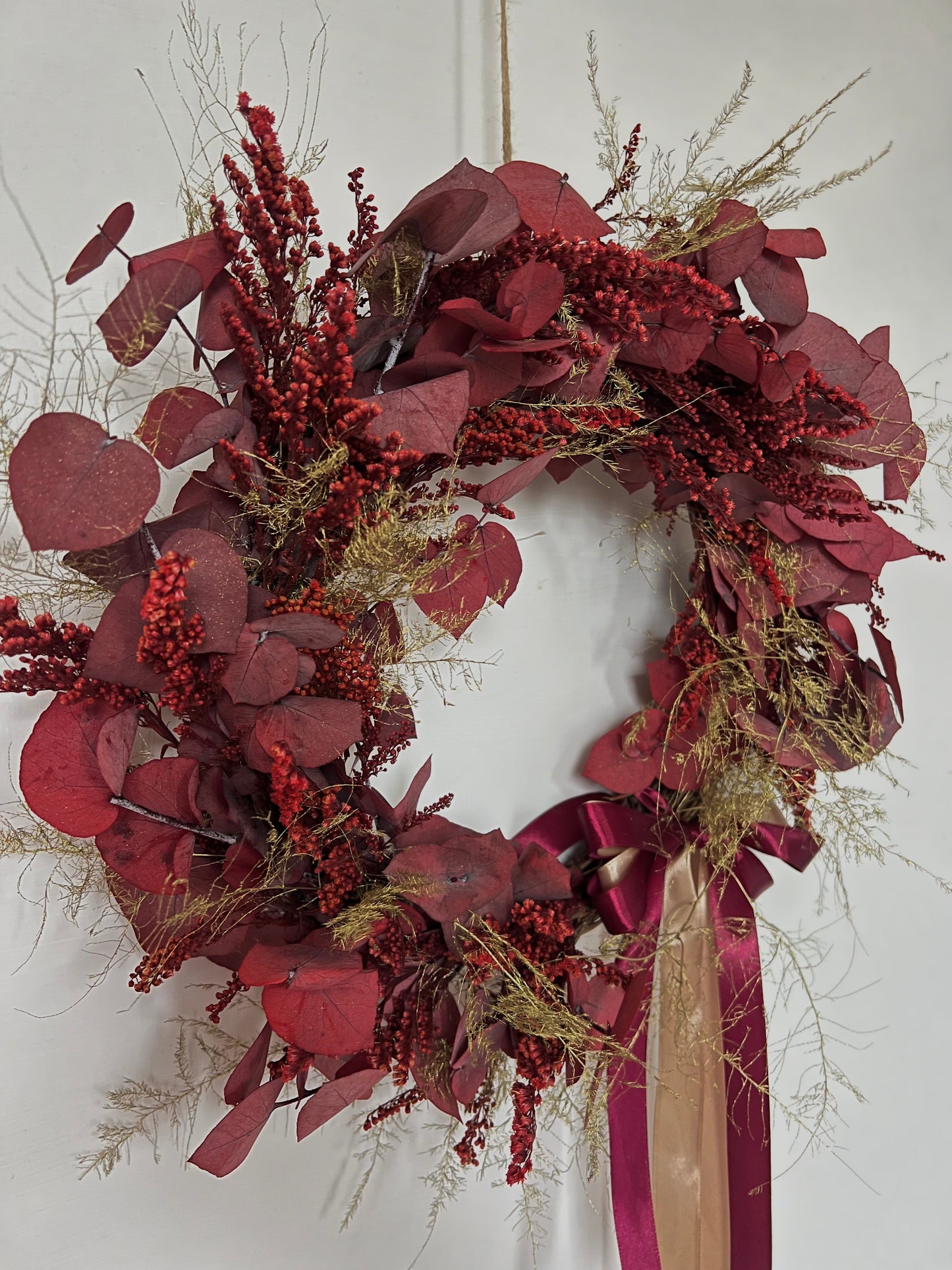 Burgundy Red Christmas Wreath, Modern Eucalyptus And Fern Door Wreath with Gold