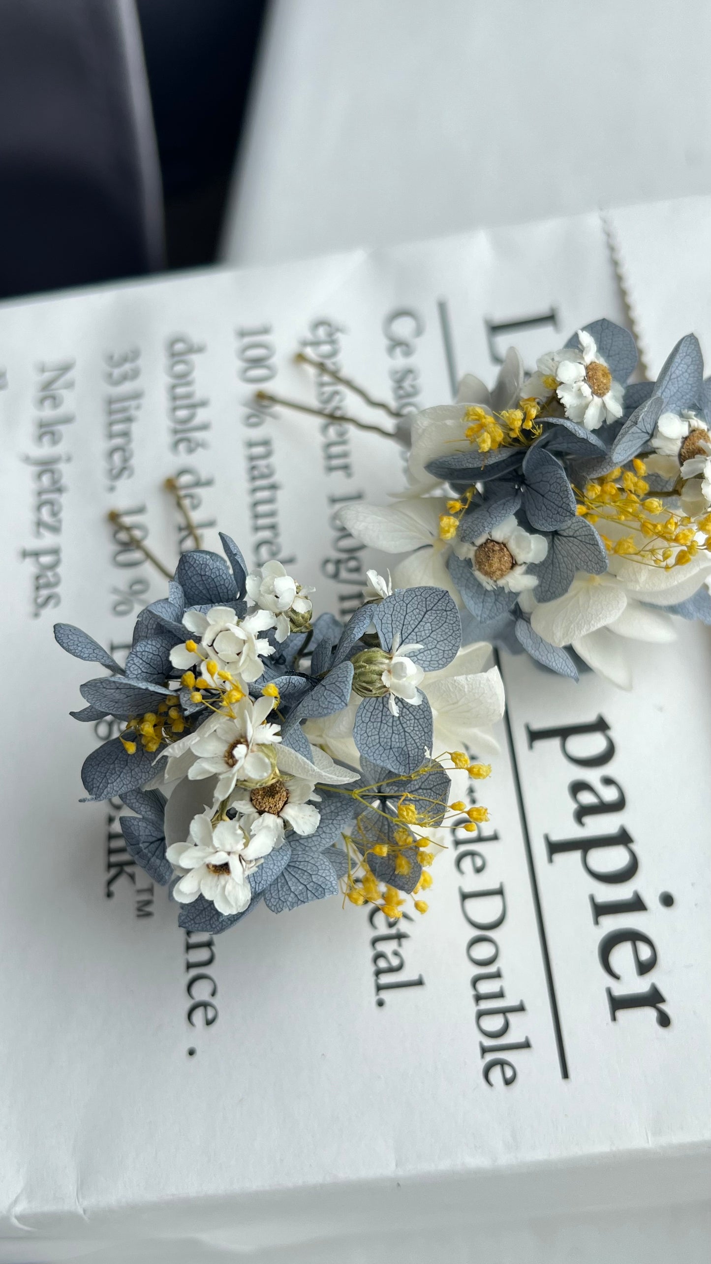 Dusty Blue Wedding, Hydrangea Hair Pins with Yellow Gypsophila and Dried Daisies