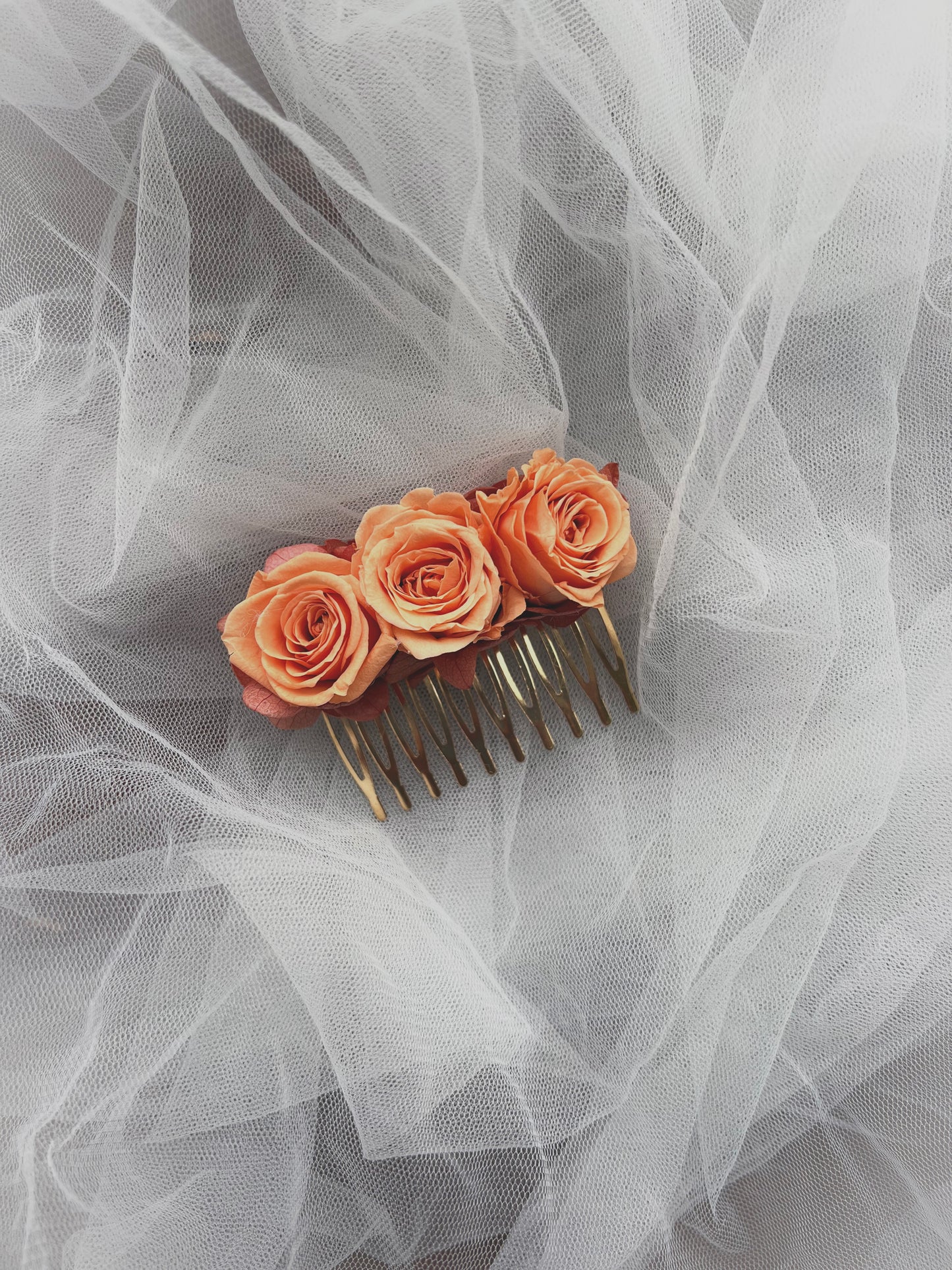 Orange Rose Hair Comb with Mini Preserved Roses