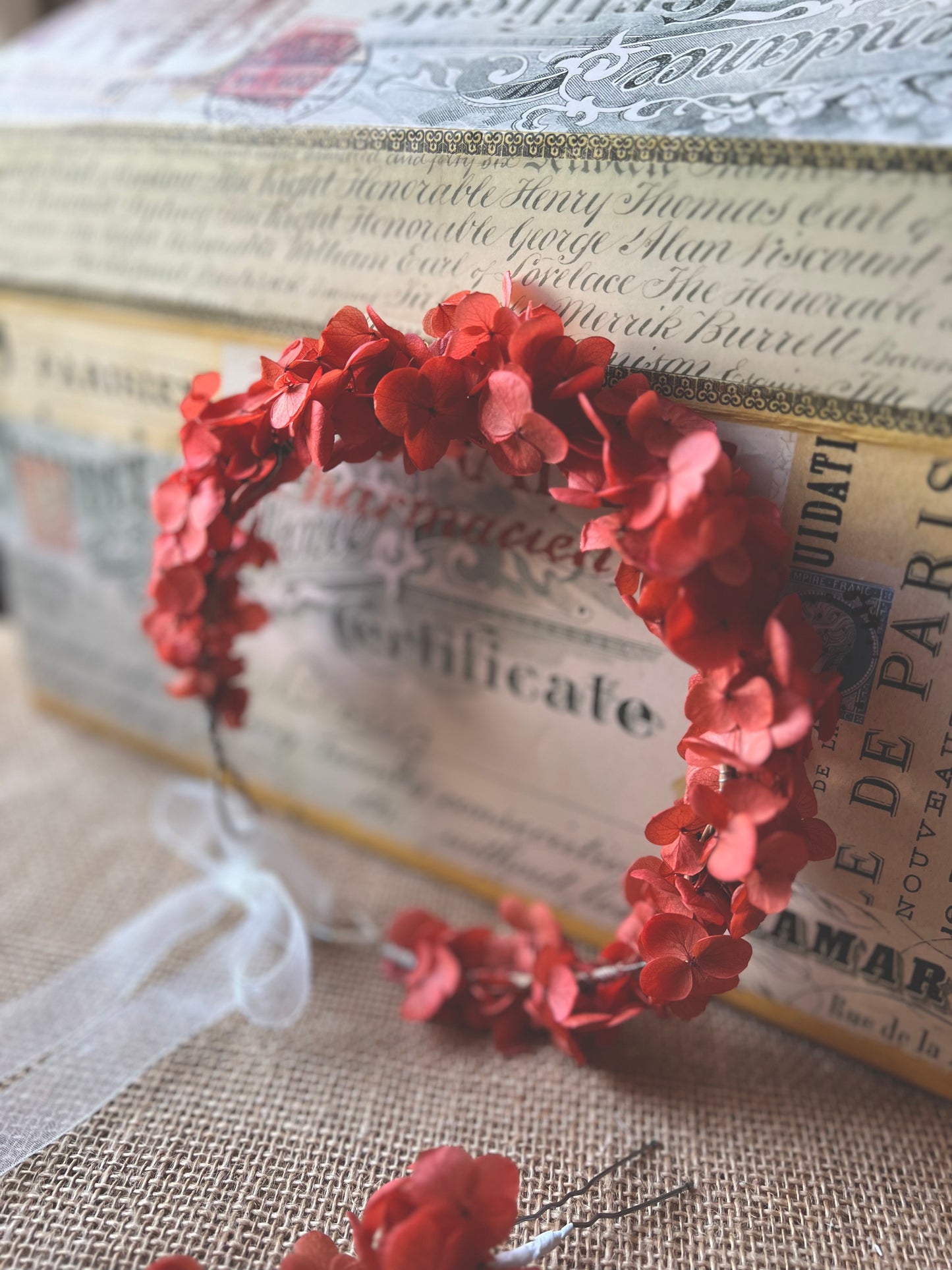 Autumnal Coral Red Orange Flower Crown, Wedding Hair Wreath Flower Girl Headpiece, Coral Red Everlasting Floral Hair Piece, Hydrangea Tiara