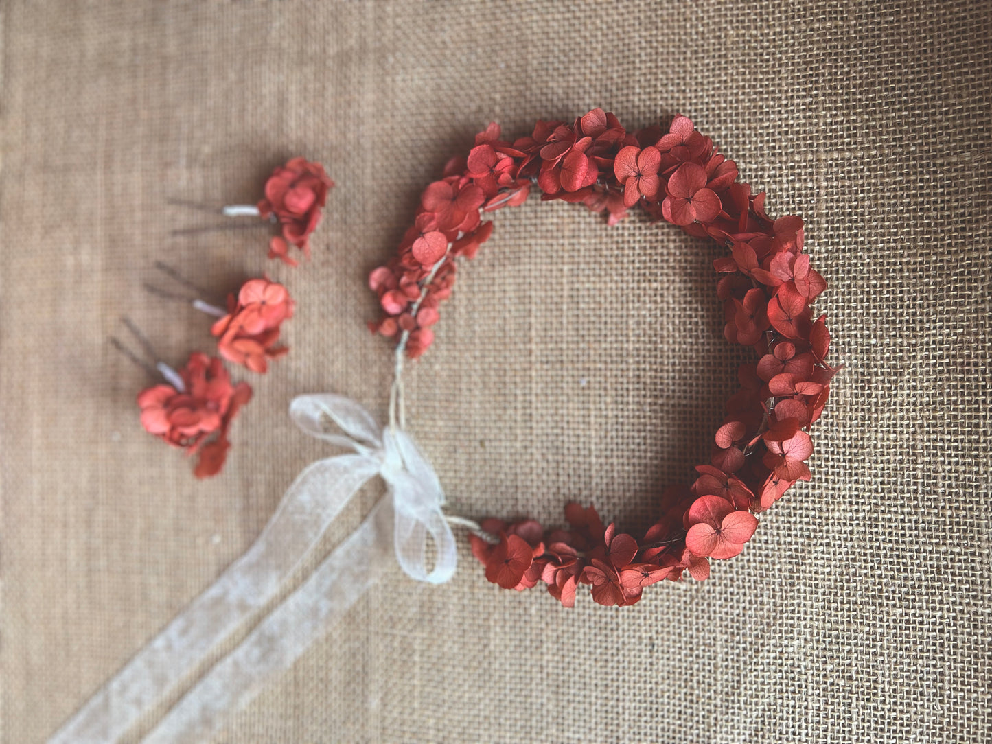 Autumnal Coral Red Orange Flower Crown, Wedding Hair Wreath Flower Girl Headpiece, Coral Red Everlasting Floral Hair Piece, Hydrangea Tiara