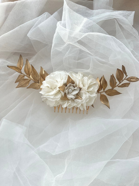 White and Gold Floral Comb for Wedding