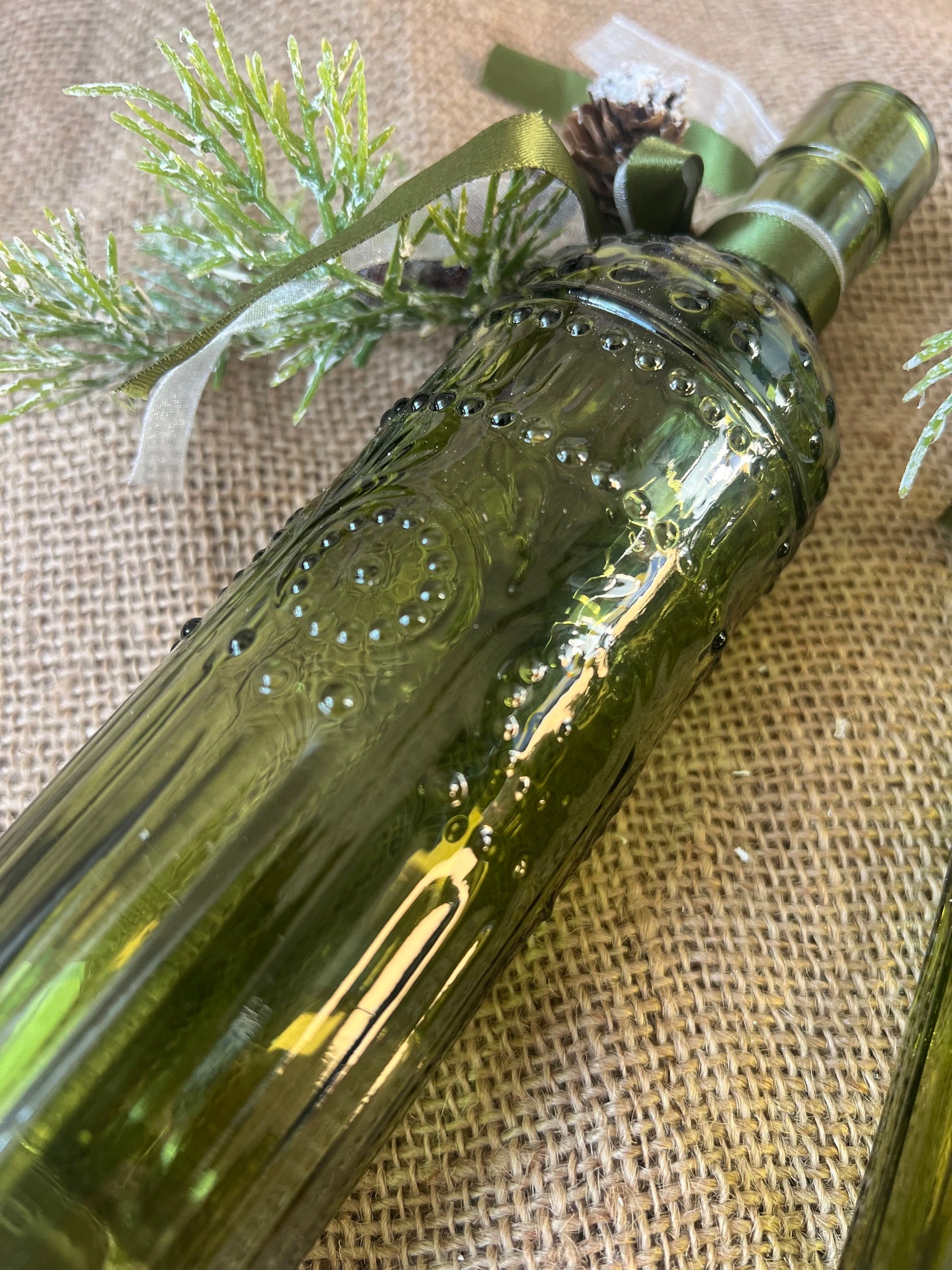 Christmas Decor, Festive Christmas Vase, Green Bottle Vase Winter Decoration