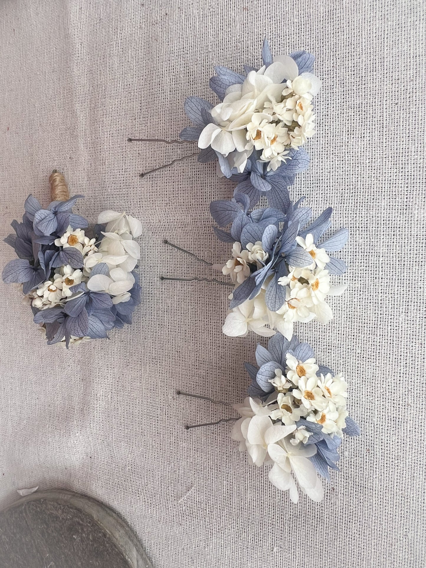 Dusty Blue Dried Daisy Hair Pins and Grooms Buttonhole Wedding set