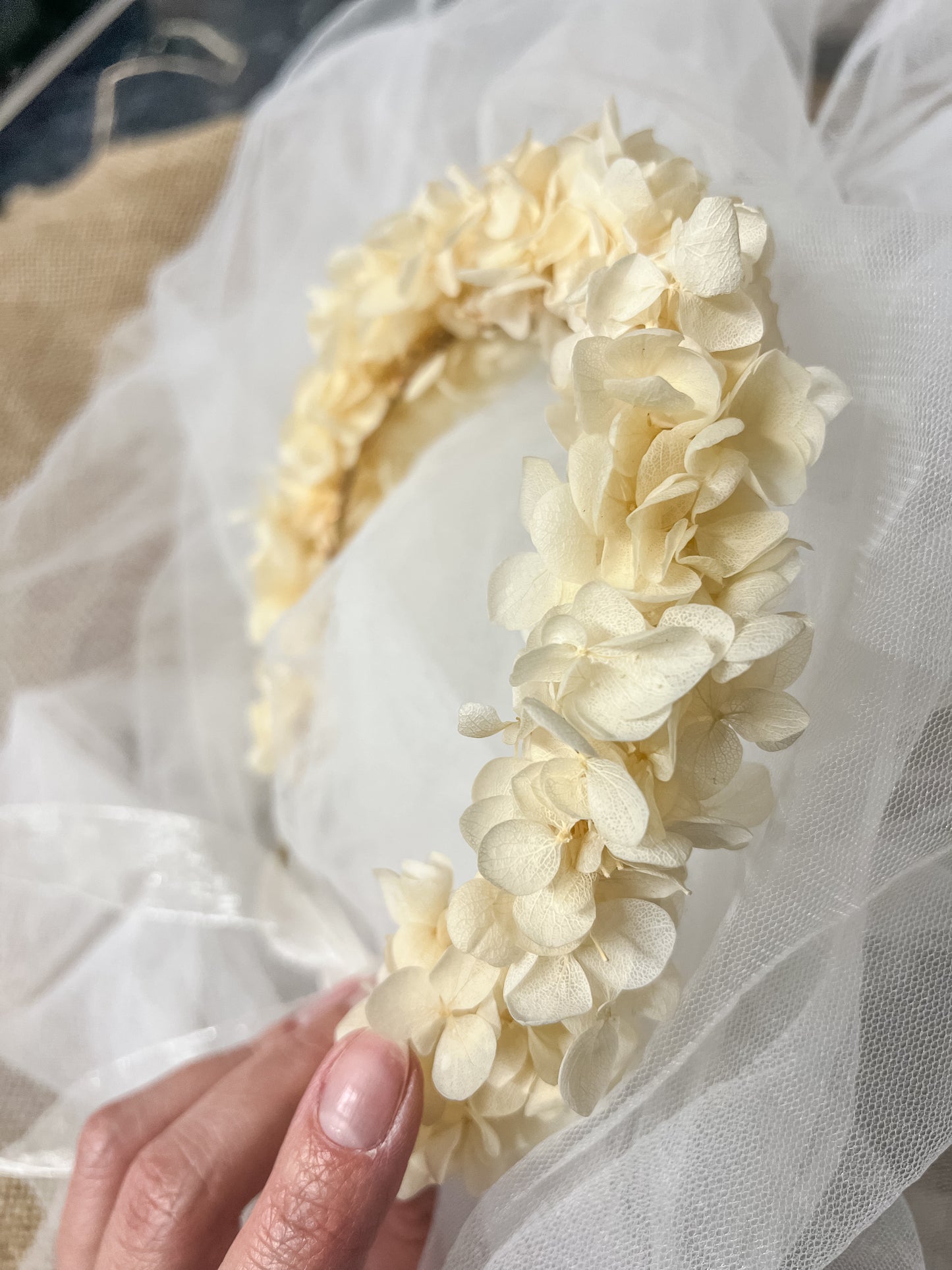 Boho Flower Crown in Cream Beige, Hydrangea Crown, Floral Headband for Bohemian Brides and Wedding