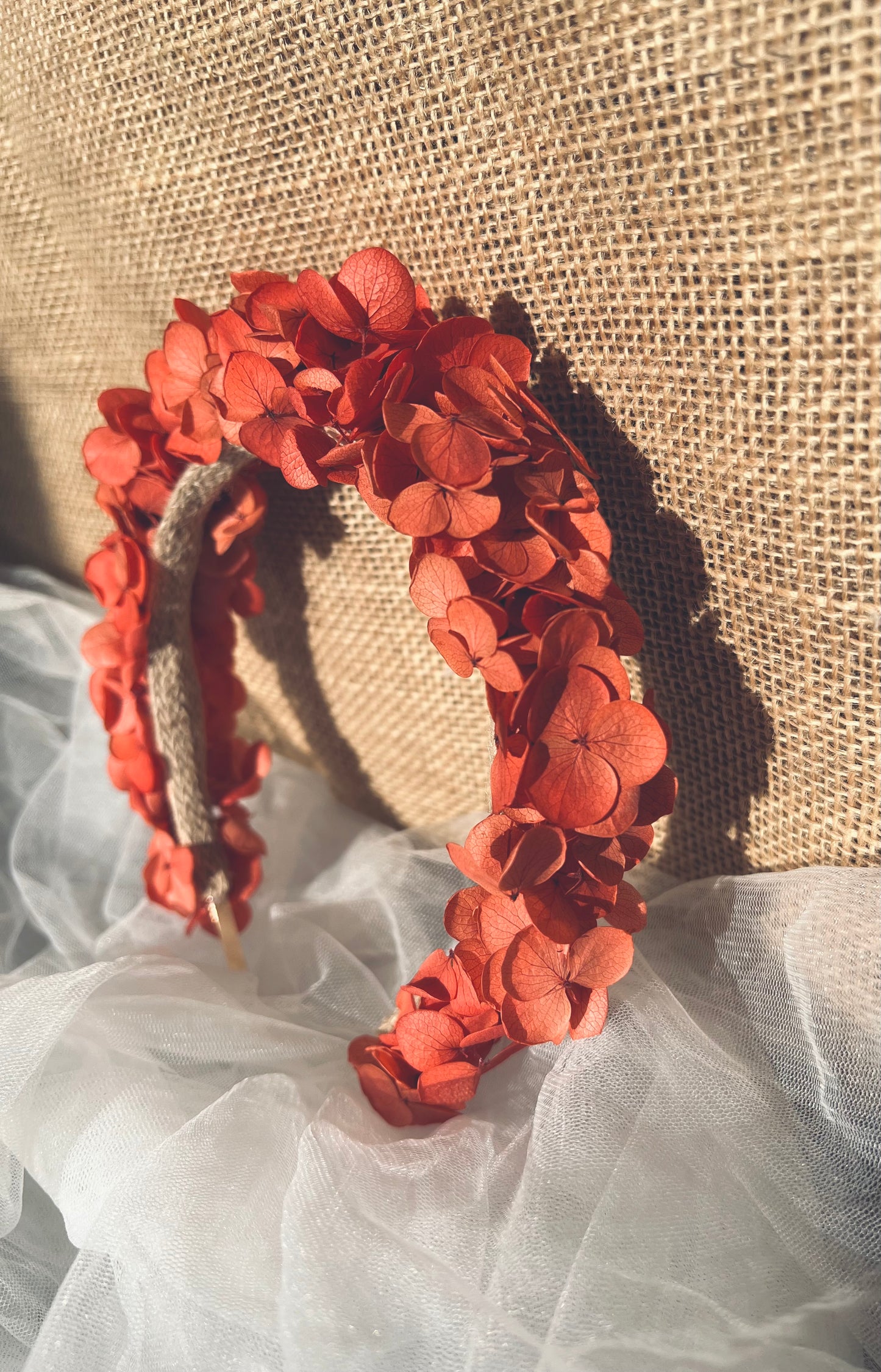 Boho Floral Crown, Coral Dried Flower Tiara, Wedding Flower Hydrangea Headband in Orange, Rustic Floral Hair Accessories Adults Flower Girl