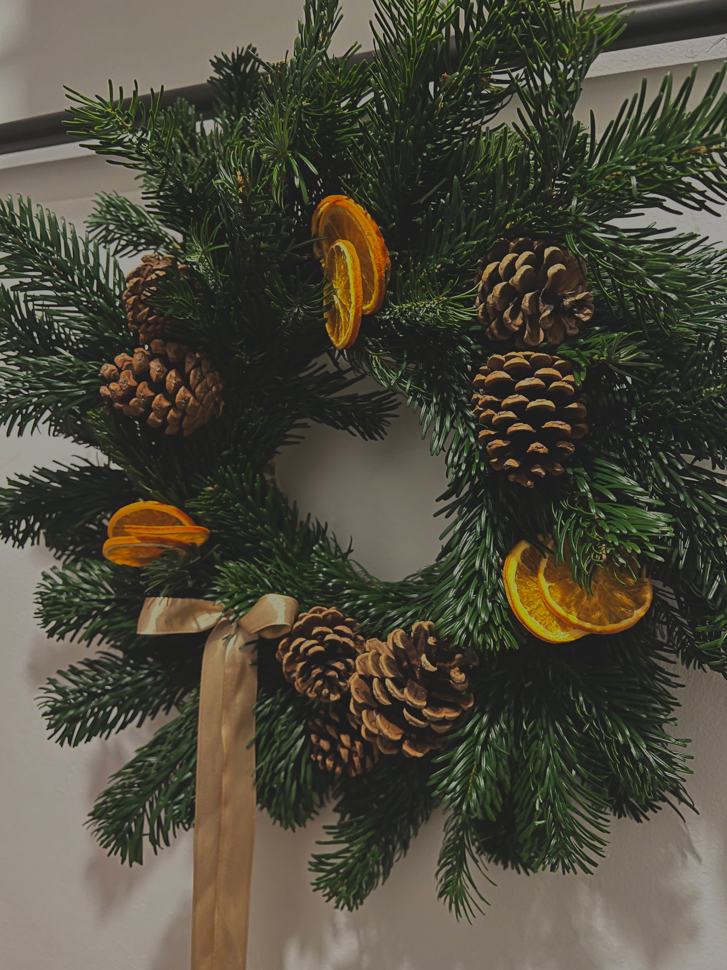 Large Christmas Wreath with Fresh Foliage Pinecones and Oranges