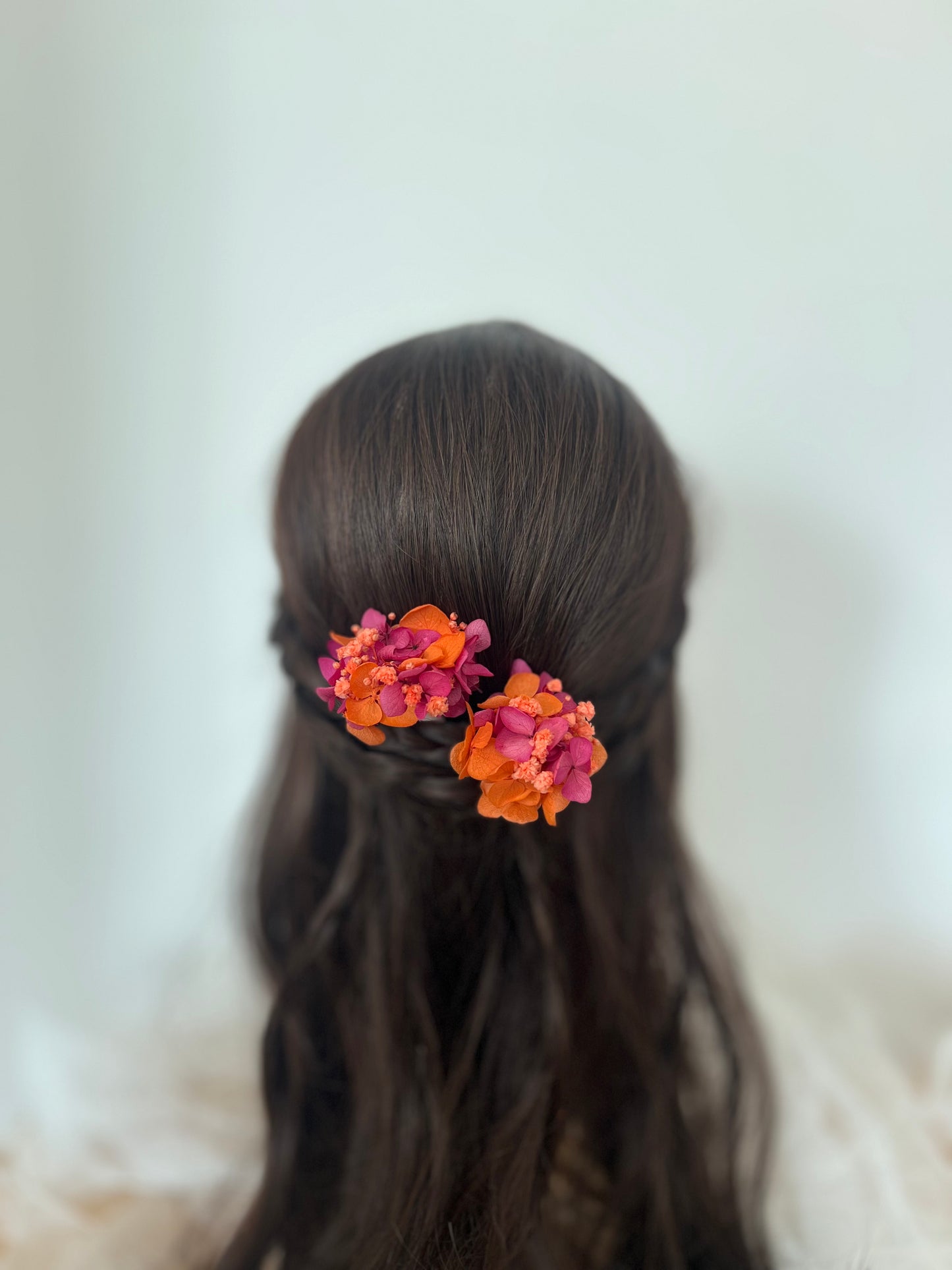 Orange and Fuchsia Floral Hair Pins for Wedding Guests, Bridal Headpiece with Preserved Hydrangeas and Gypsophilas