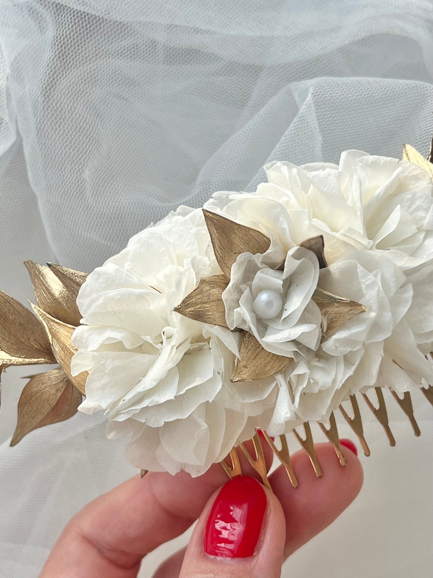 White and Gold Floral Comb for Wedding