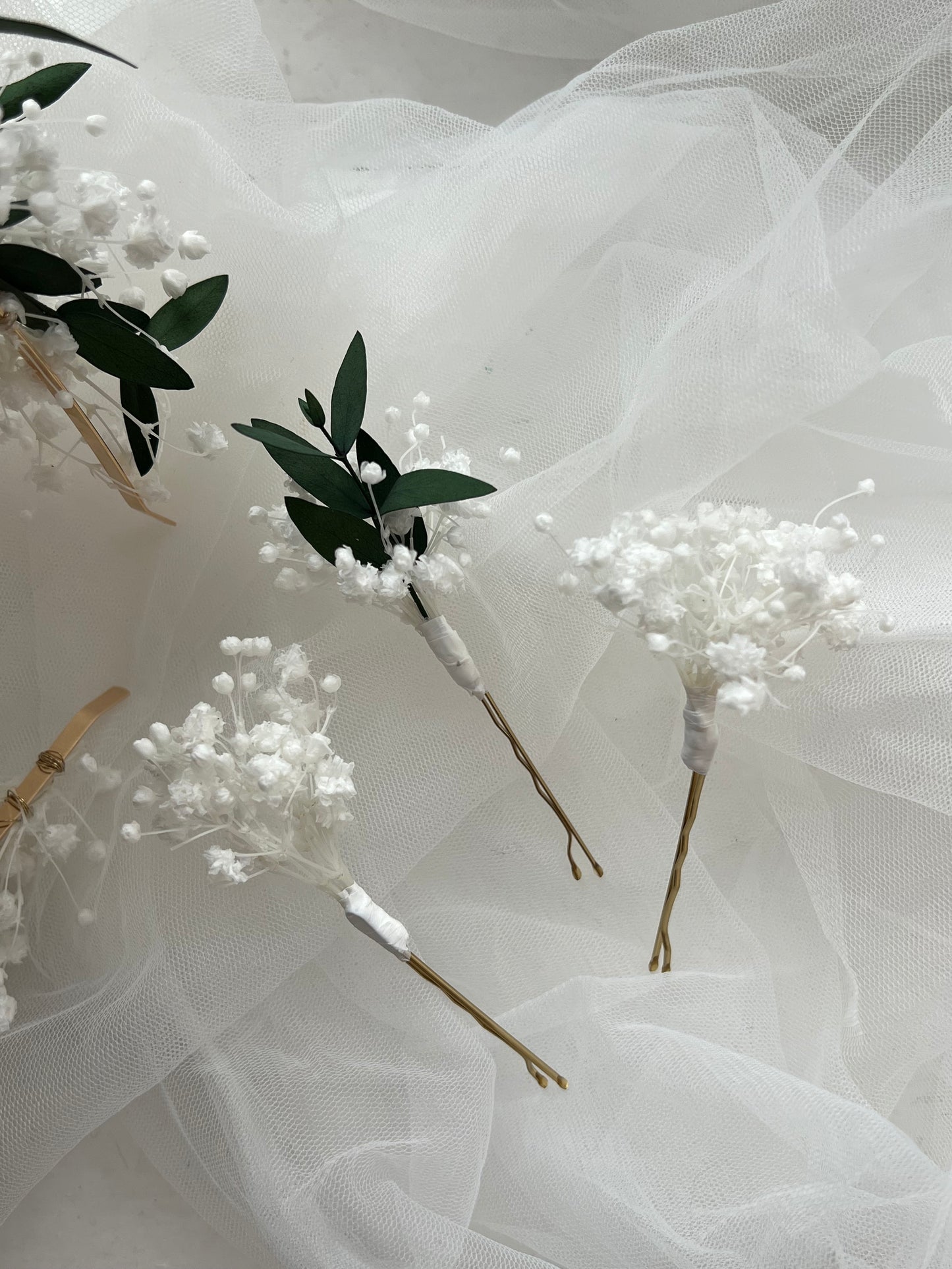 Preserved Baby’s Breath Flower Crown & Gypsophila Hair Pins Pure White Gypsophila Bridal Headpiece Dried Eucalyptus Wedding Hair Accessories